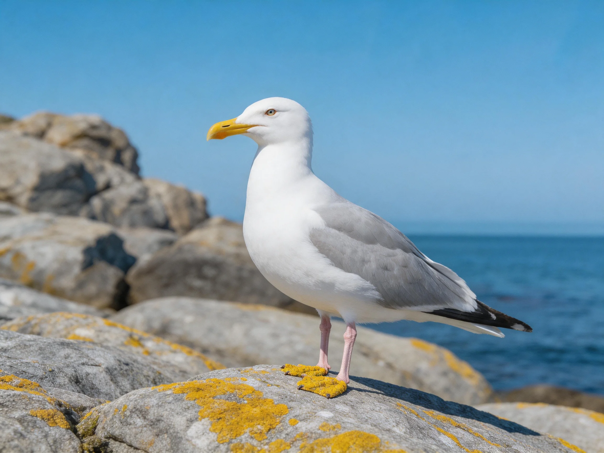 A seagull stands on rocky shore near tranquil blue sea.
