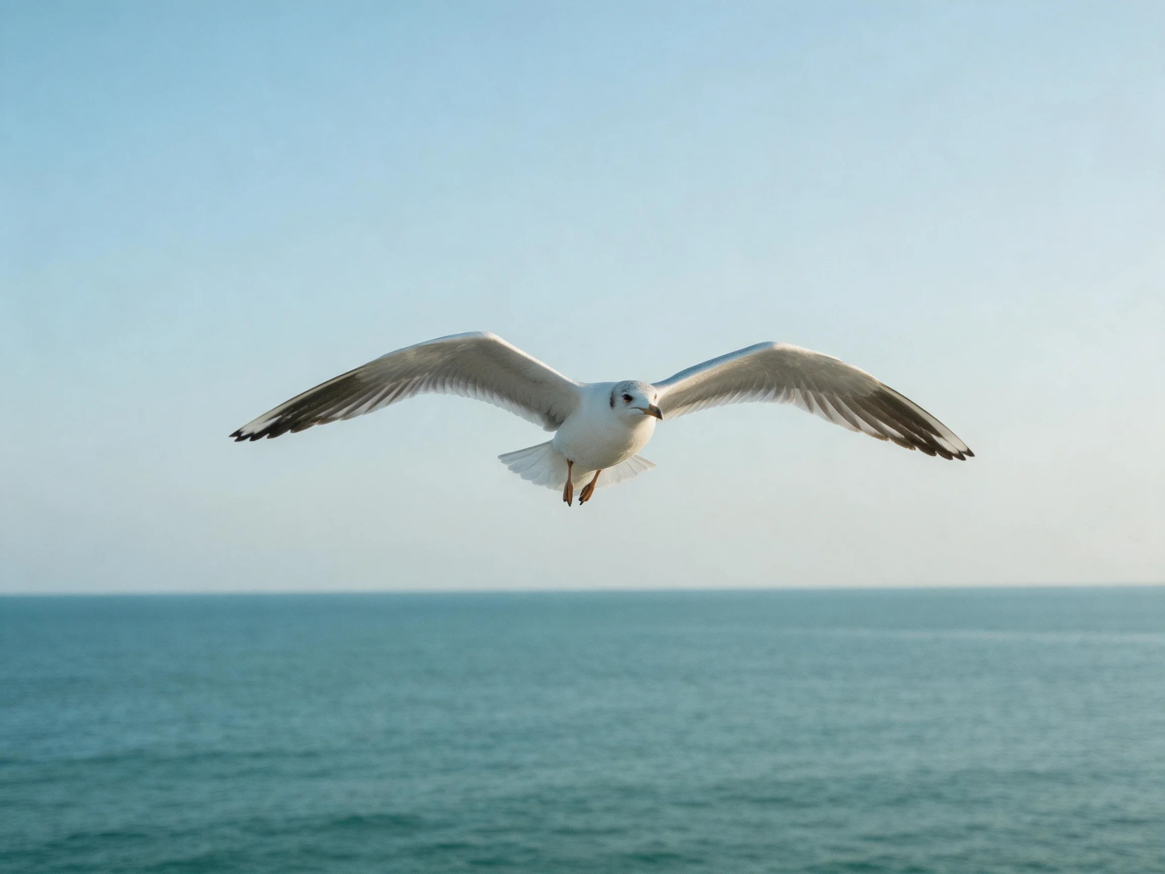 A seagull soaring over calm blue ocean waters