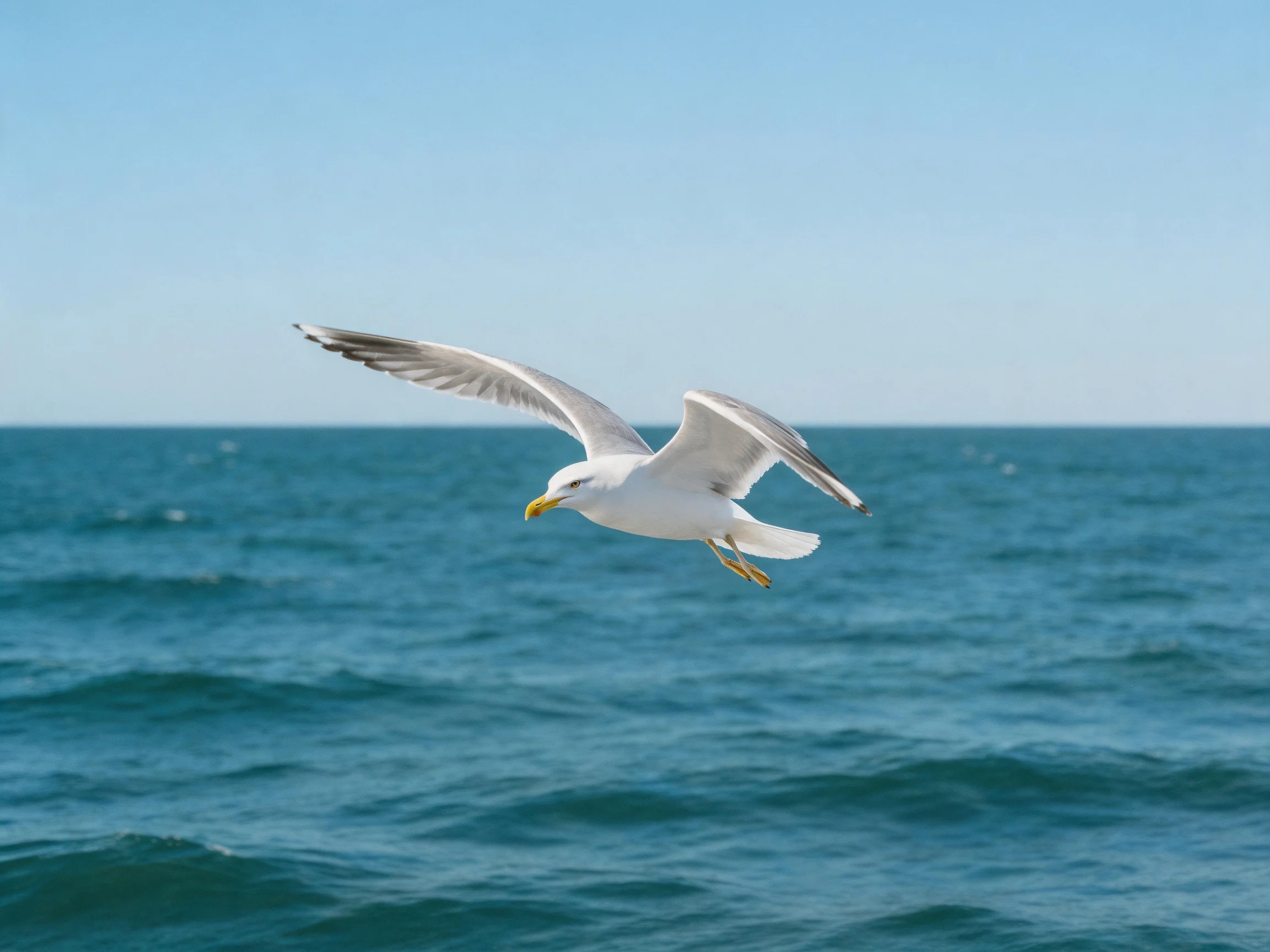 A seagull soaring over deep blue ocean waters