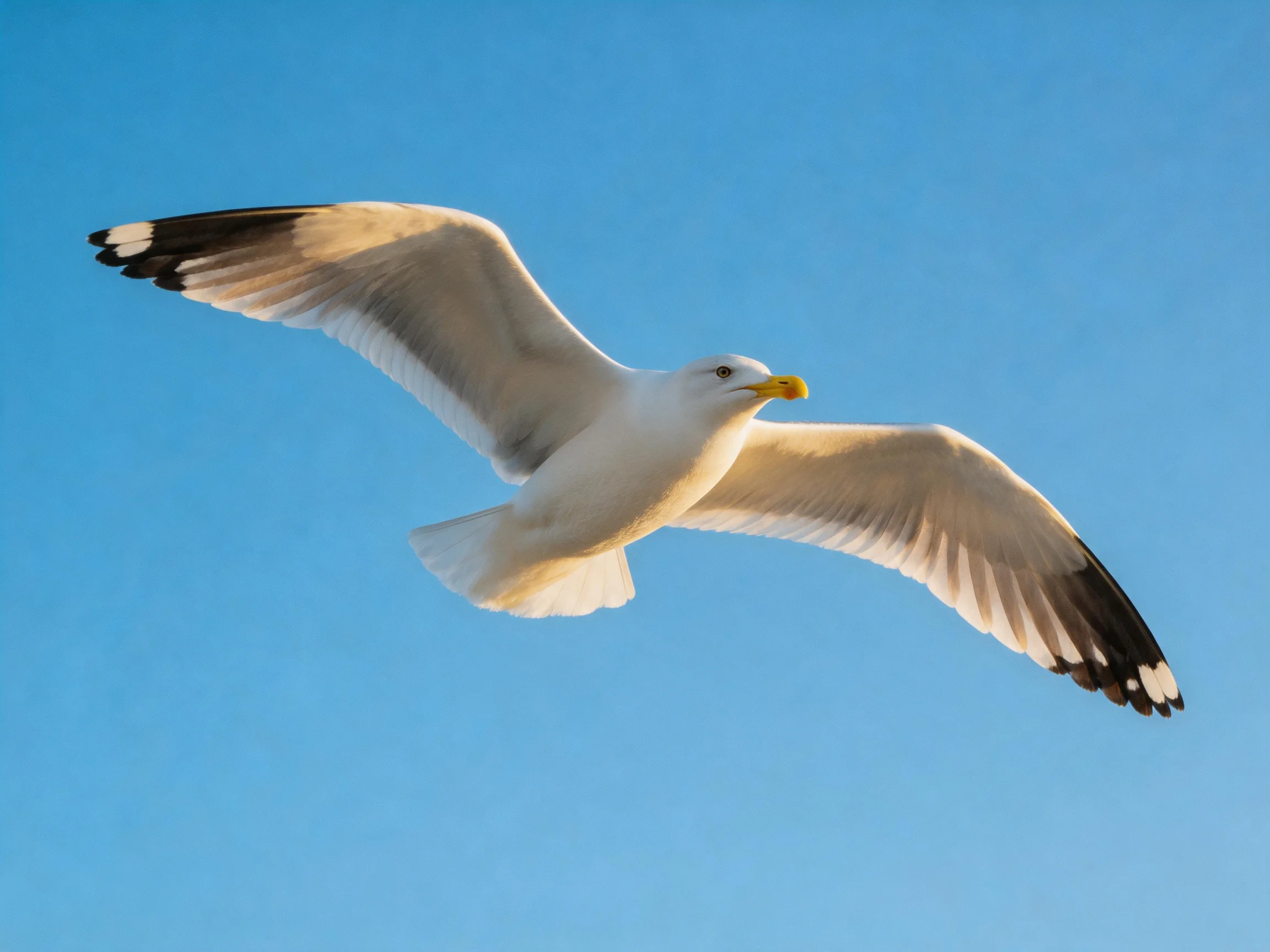 A seagull soaring with outstretched wings against a clear blue sky
