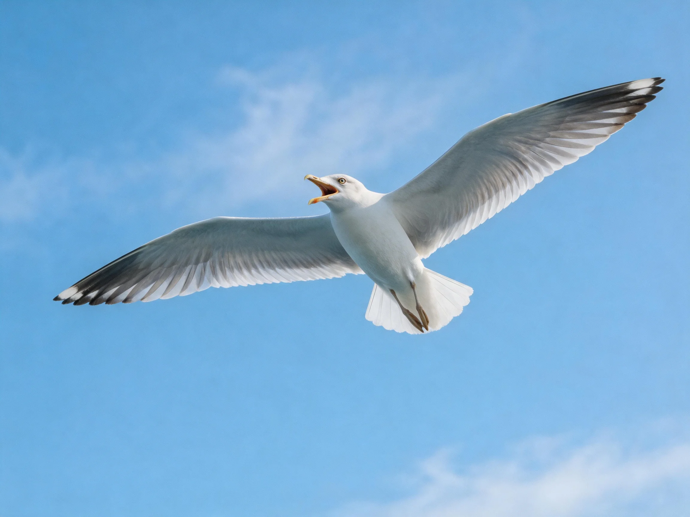 A seagull soaring with outstretched wings in clear blue sky