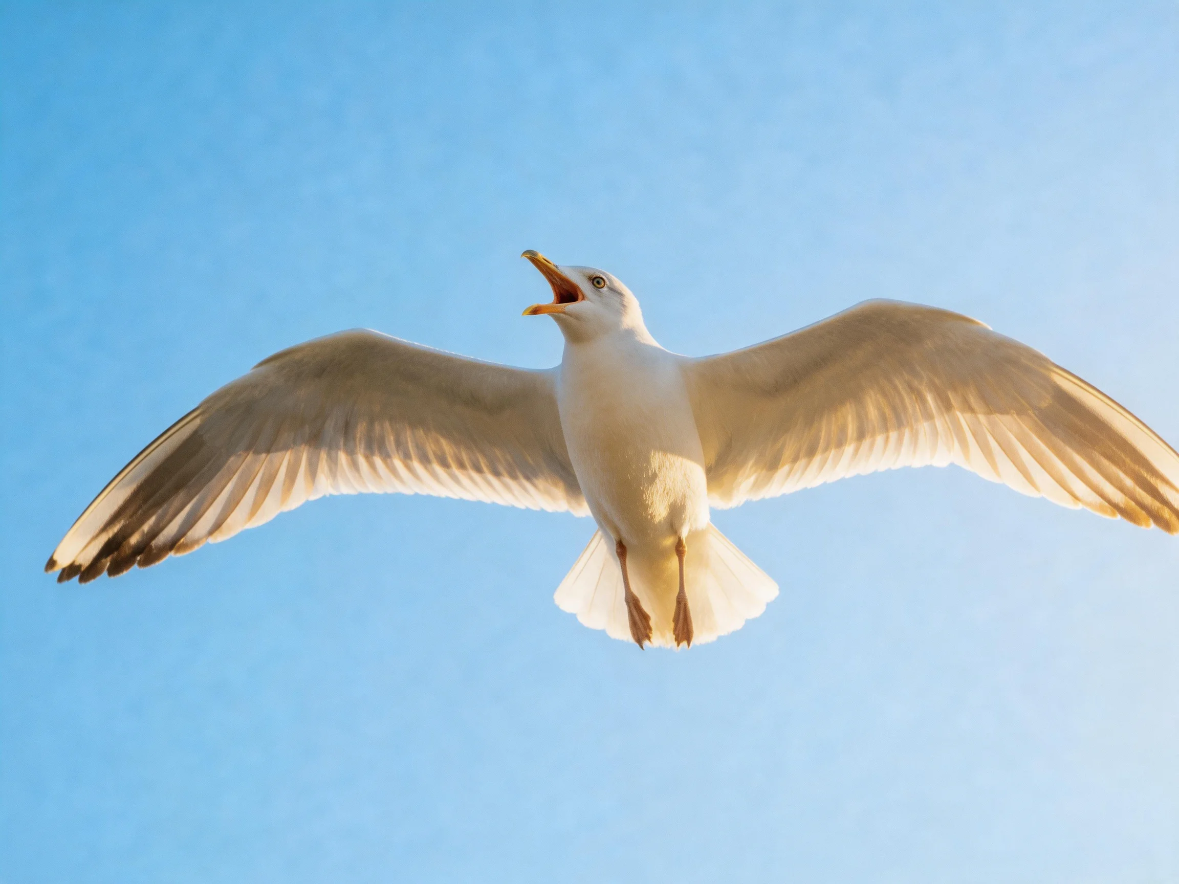 A seagull soaring with outstretched wings under clear blue sky