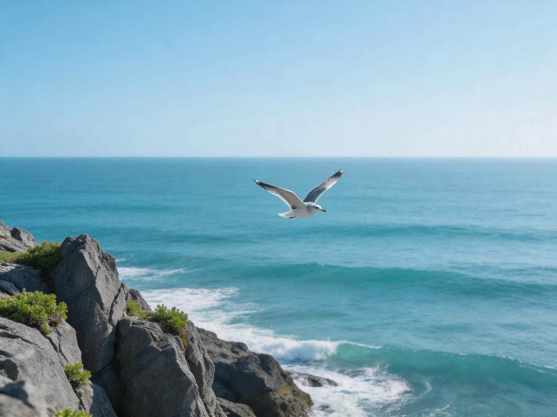 A seagull soars above turquoise waters near rugged gray cliffs