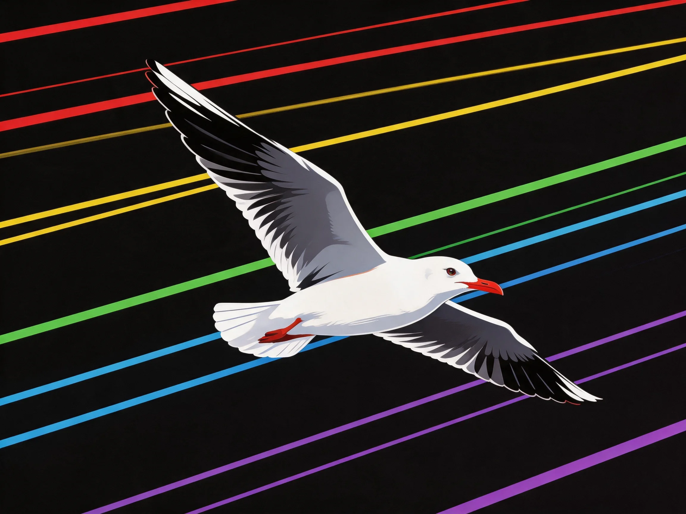 A seagull soars among colorful diagonal rainbow stripes