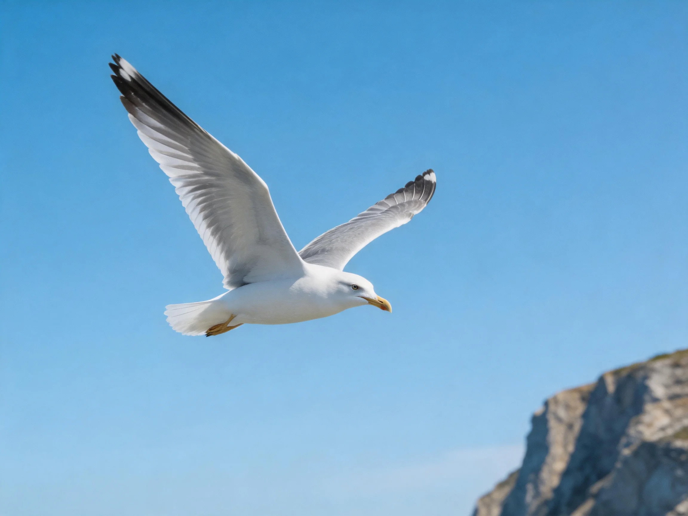 A seagull soars gracefully against a clear blue sky near rocky cliffs
