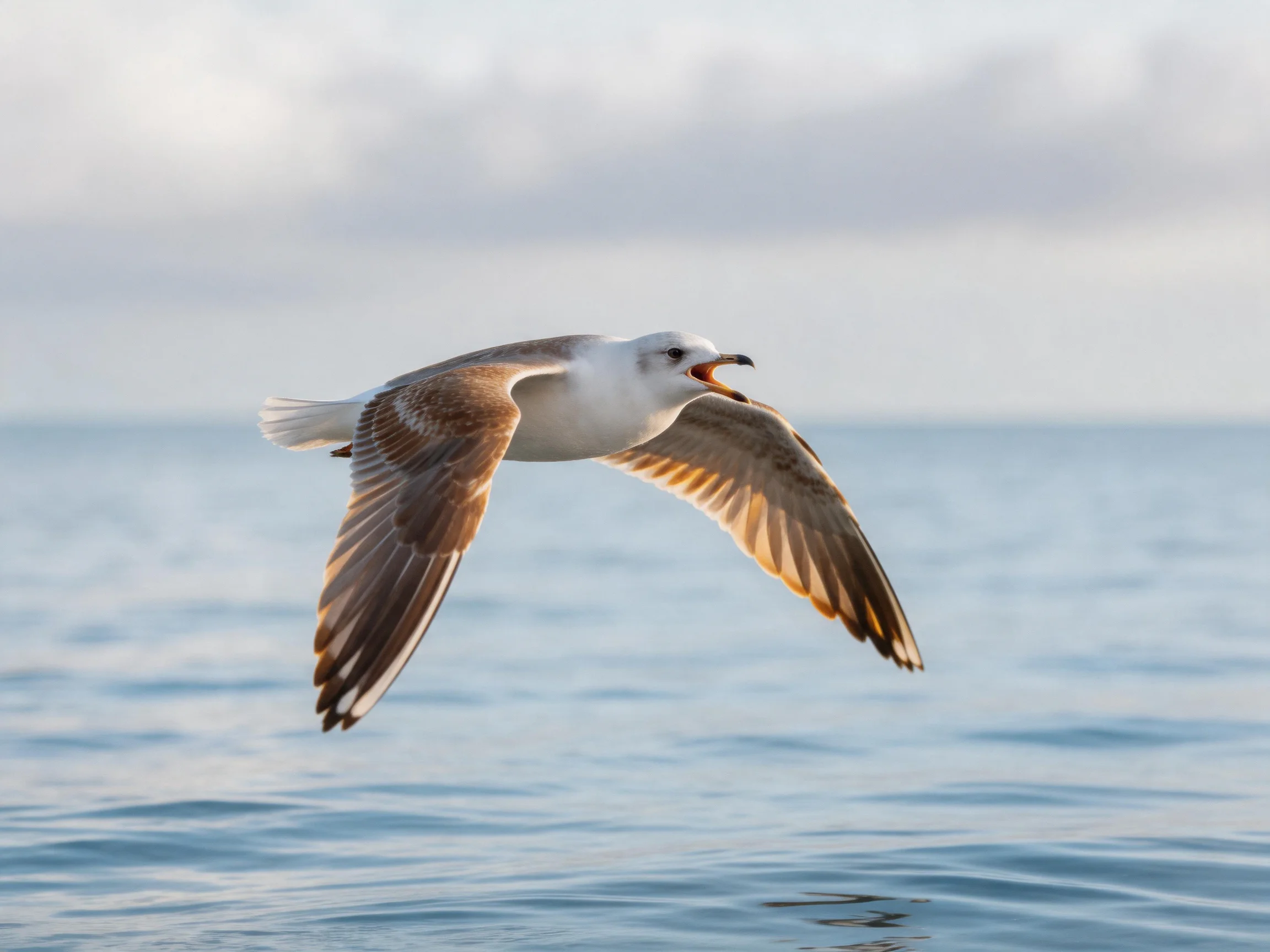 A seagull soars gracefully over calm blue waters with outstretched wings