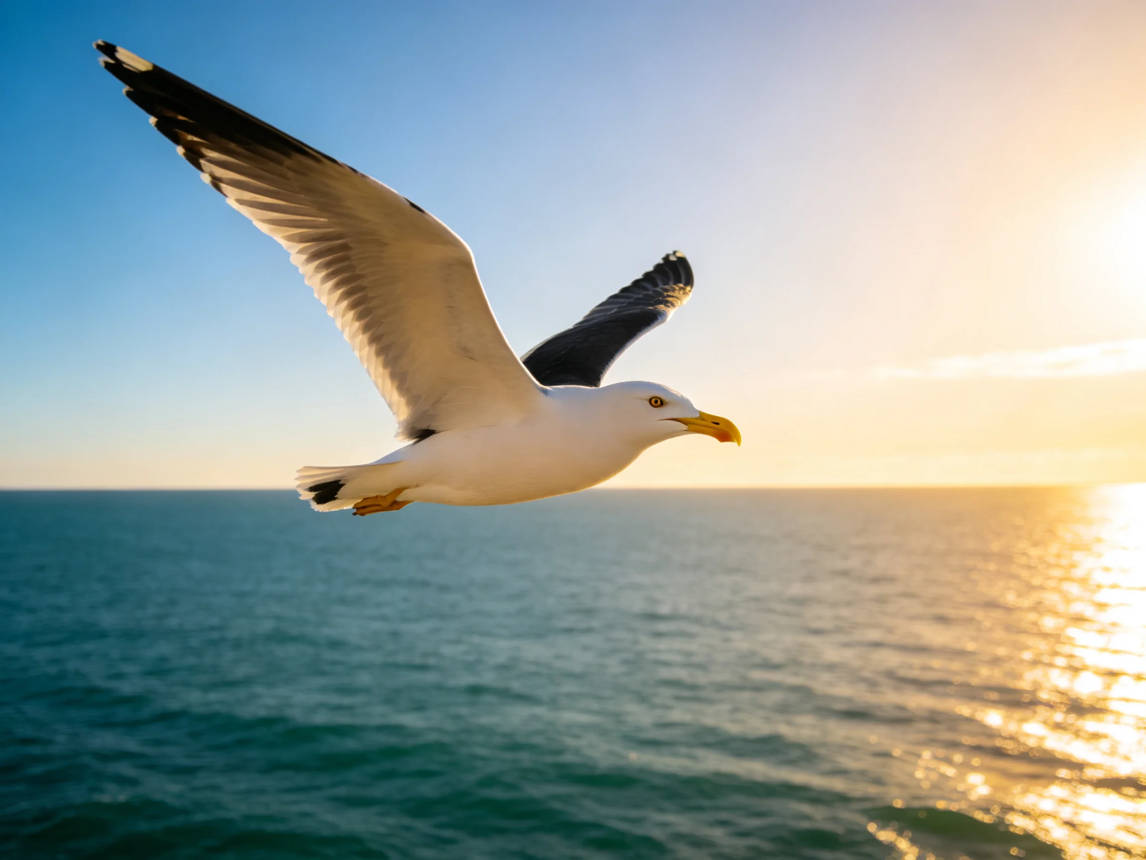 A seagull soars over calm ocean waters at golden hour