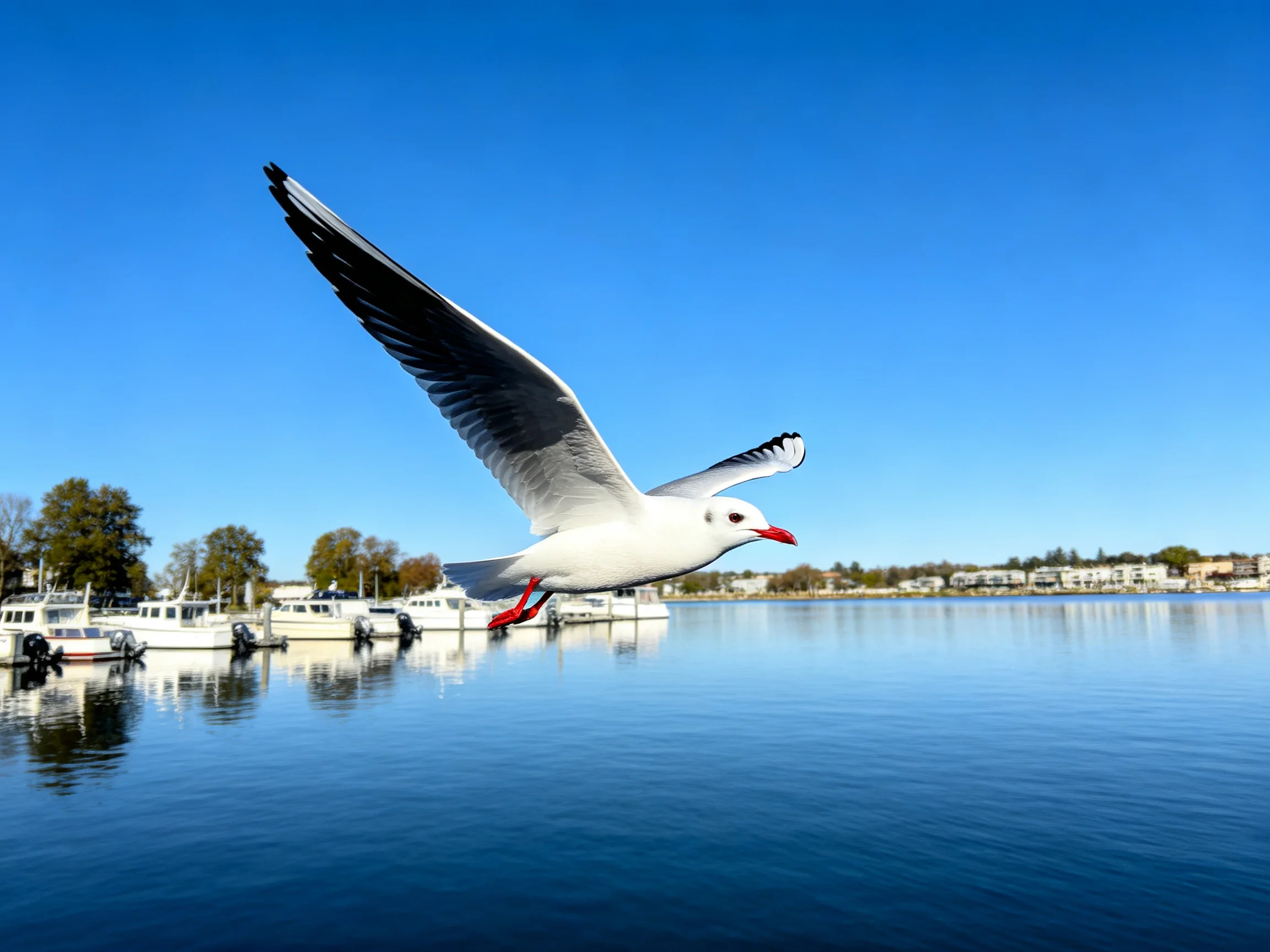 A seagull soars over calm water near docked boats under bright blue sky