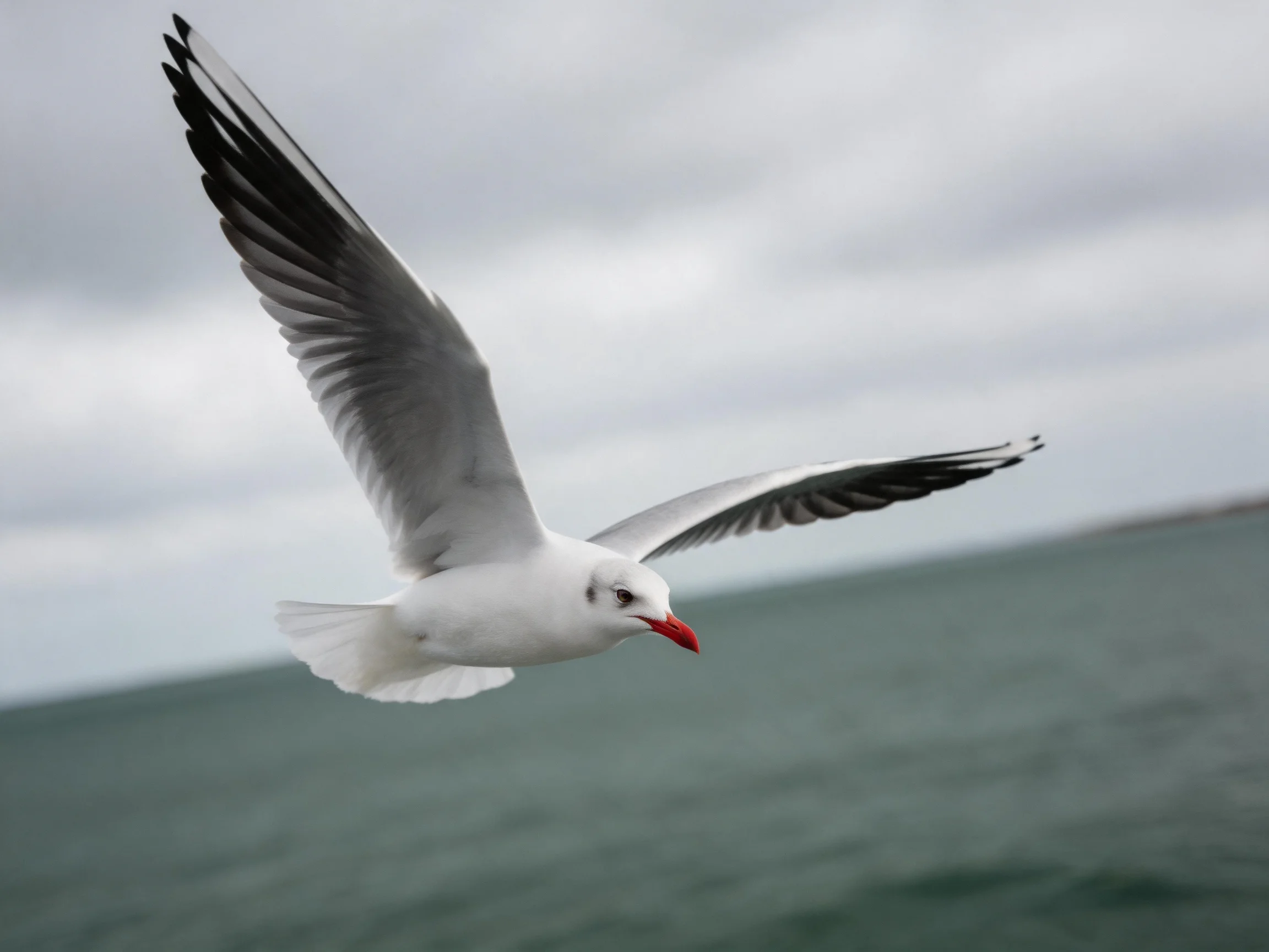 A seagull soars over calm waters under a gray sky