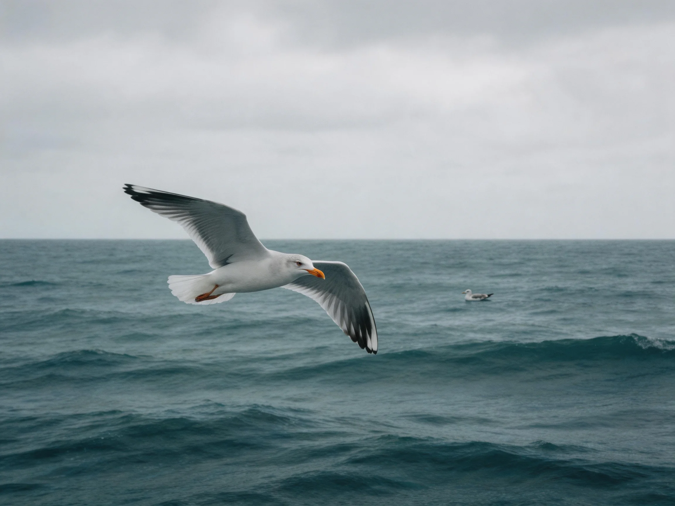 A seagull soars over deep blue ocean waves with a distant bird