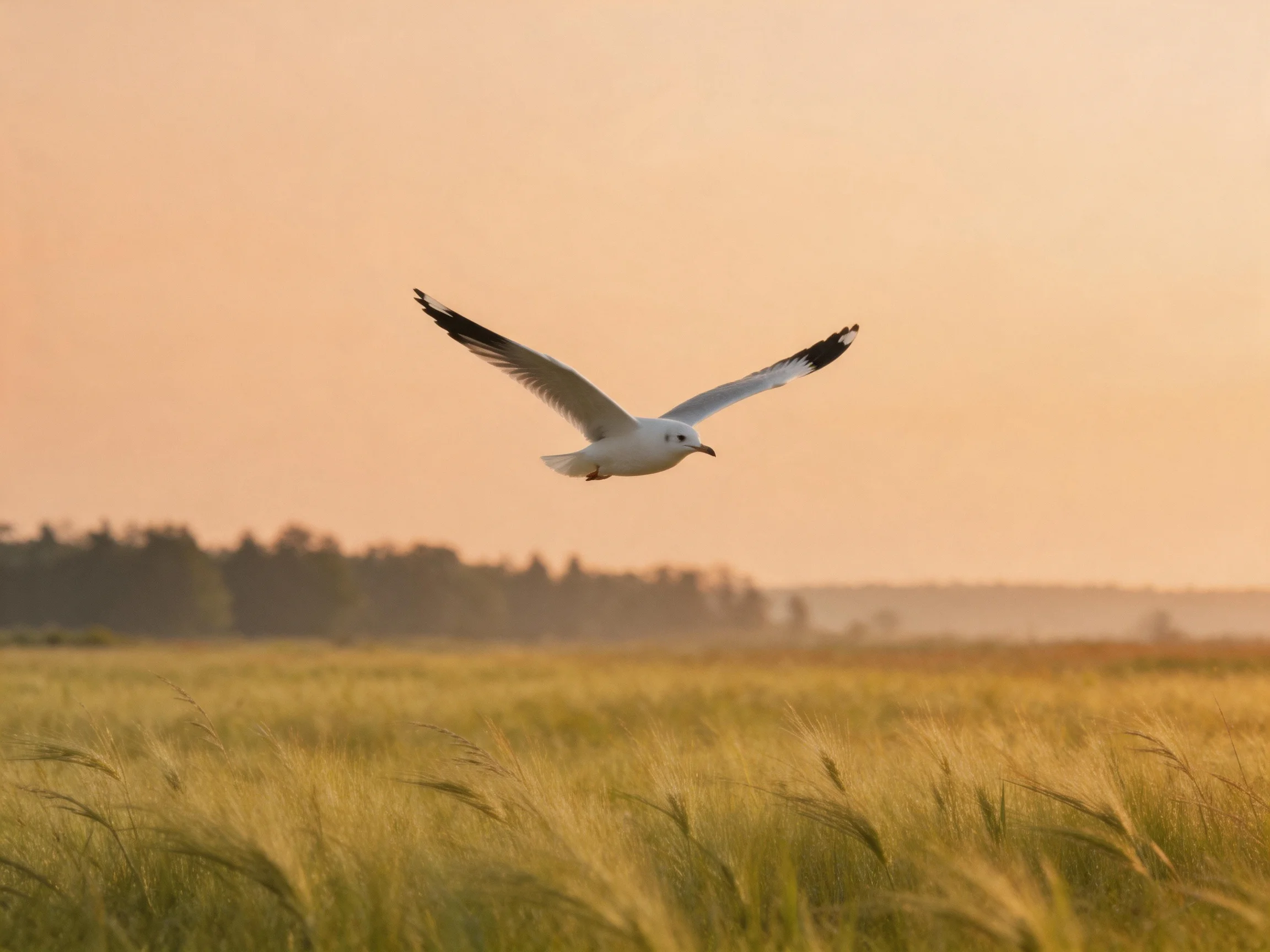 A seagull soars over golden grasslands under warm sunset hues