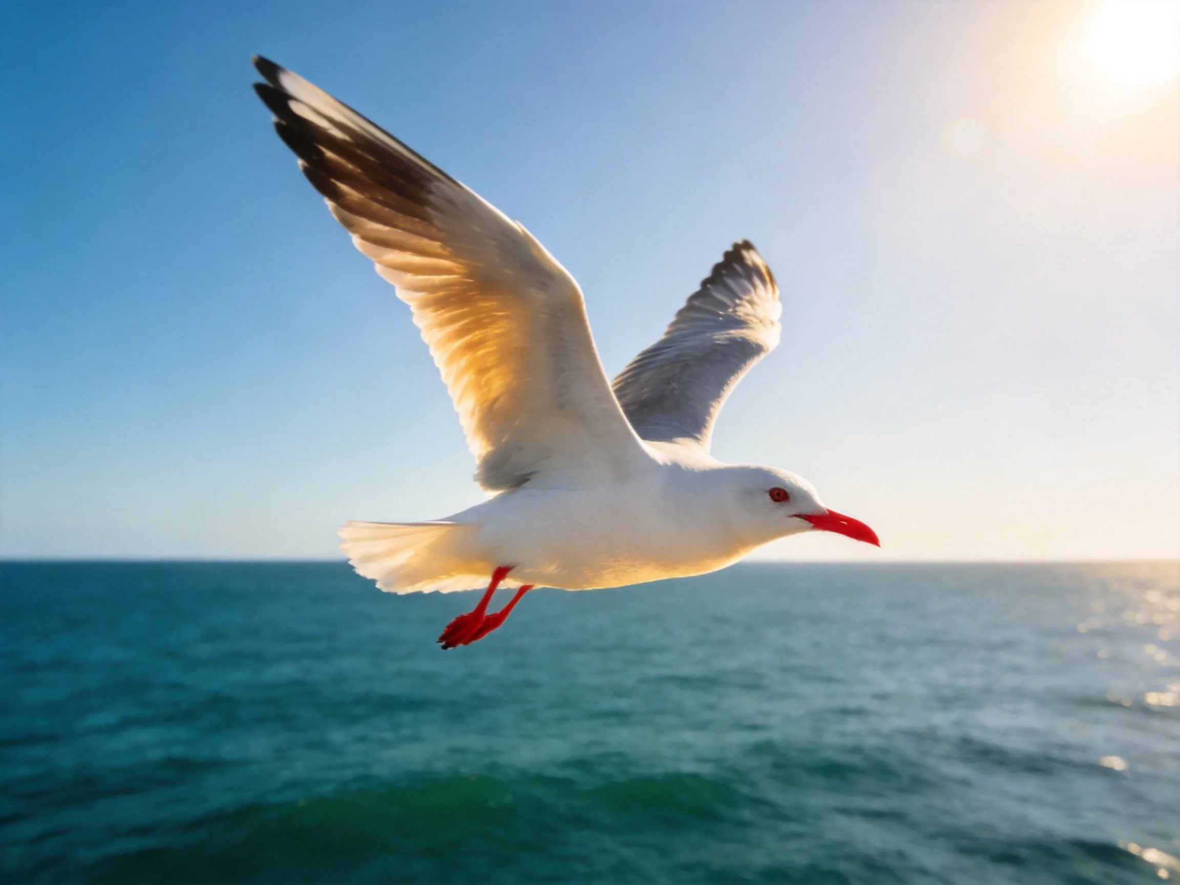A seagull soars over turquoise ocean waters under bright sunlight