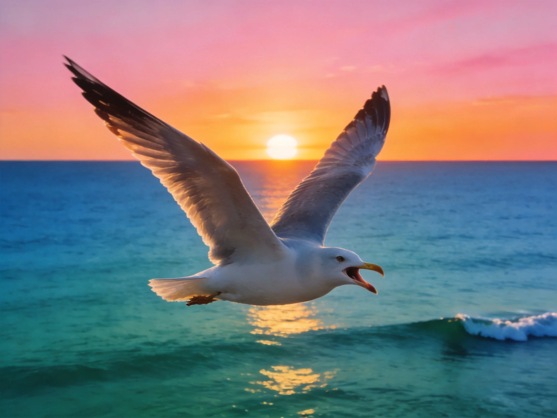 A seagull soars over turquoise waters at vibrant sunset