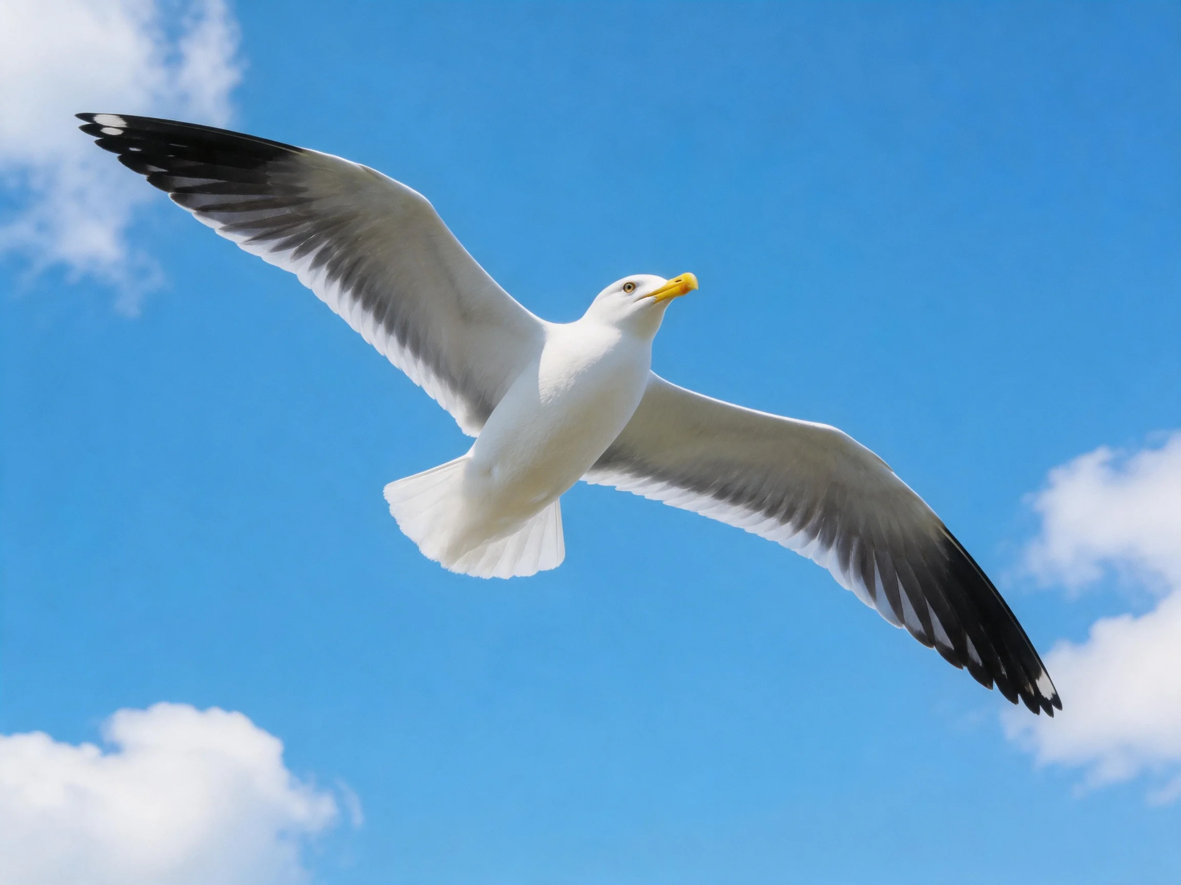A seagull soars with outstretched wings against a bright blue sky