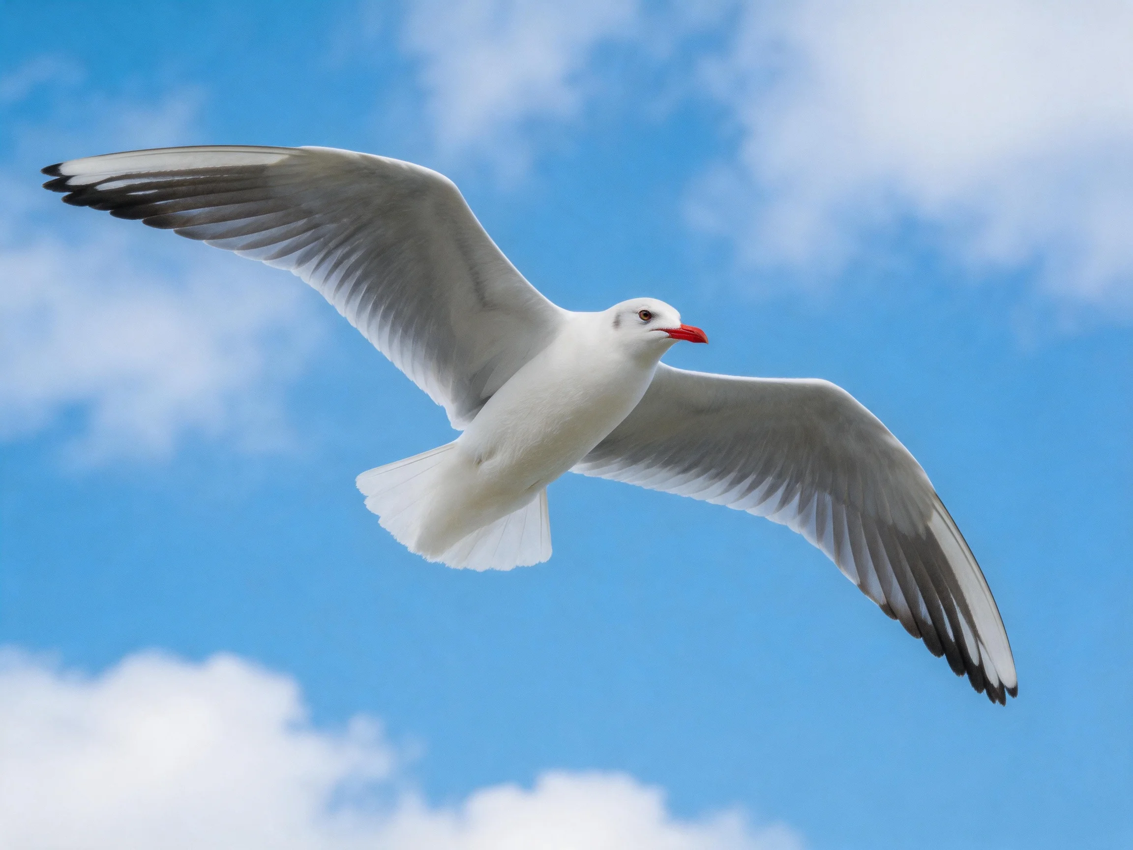 A seagull soars with outstretched wings against a bright blue sky