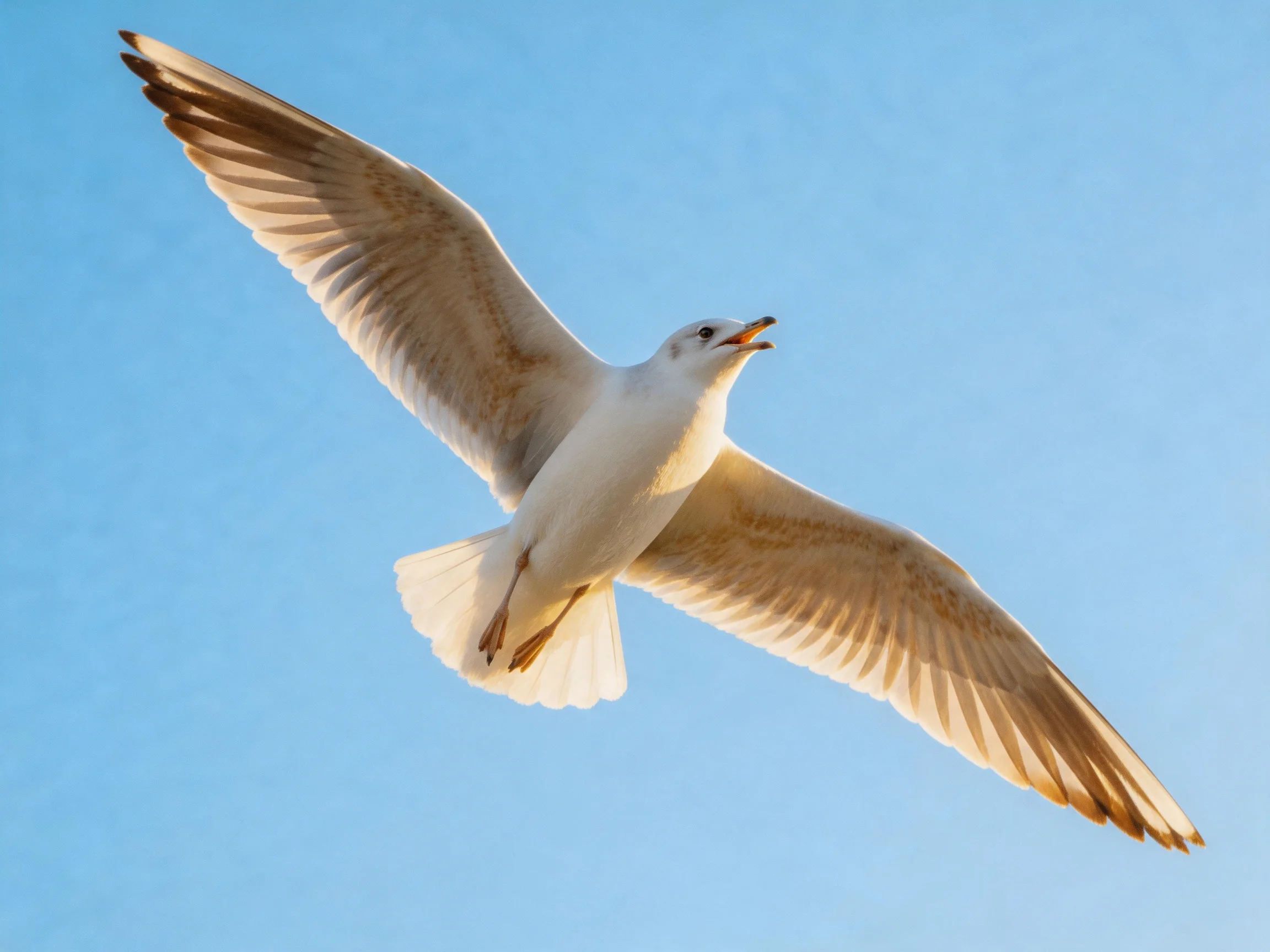 A seagull soars with outstretched wings against clear blue sky