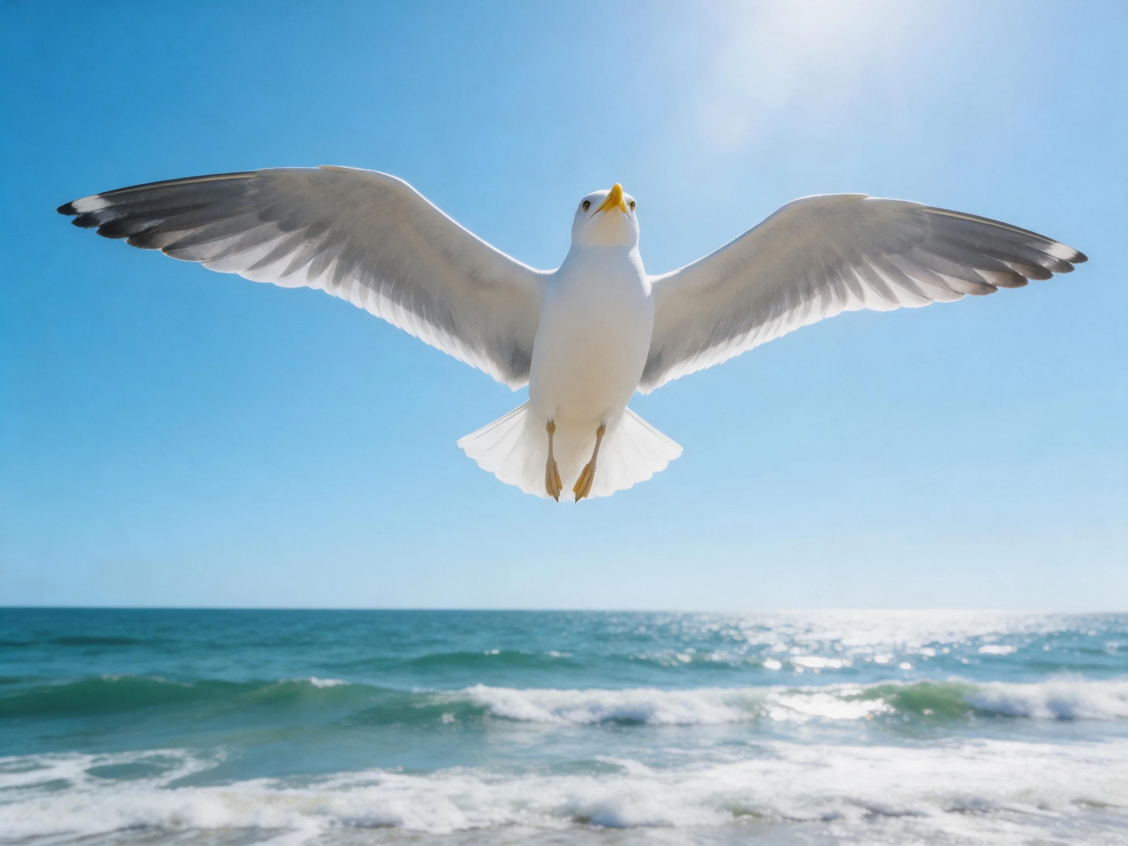 A seagull soars with outstretched wings over a bright blue ocean