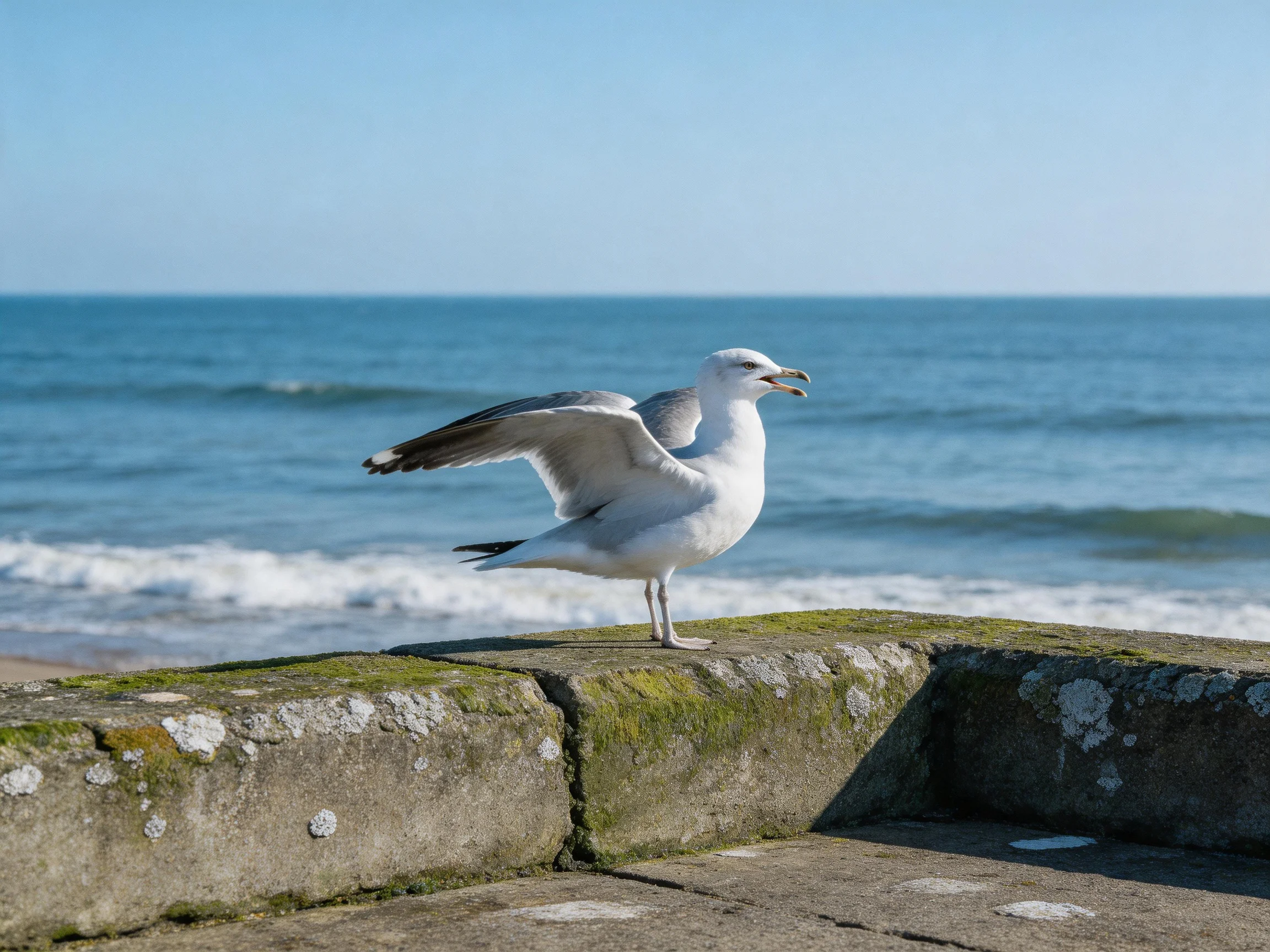 A seagull spreading wings on a moss-covered concrete ledge by the ocean