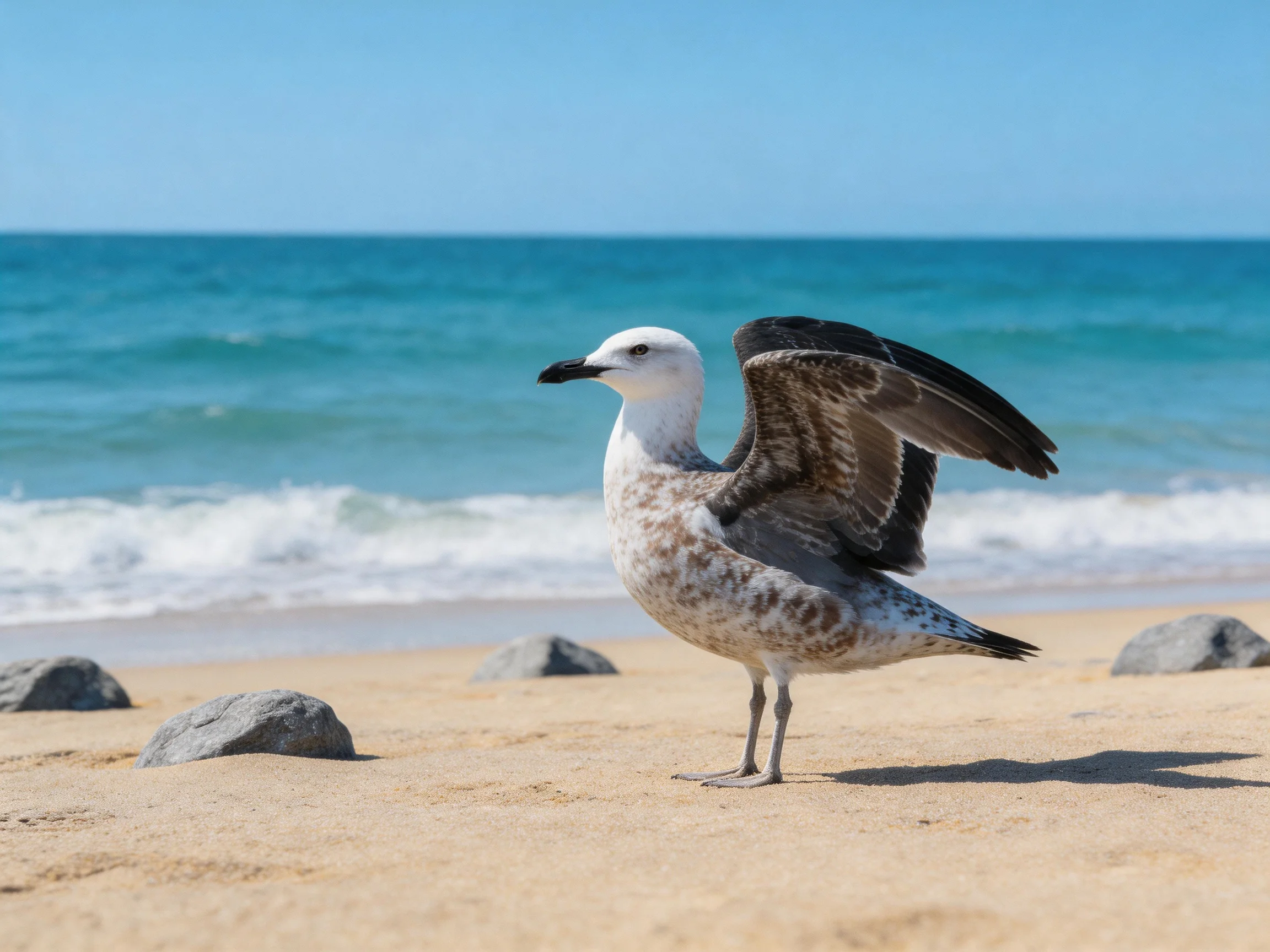 A seagull spreading wings on a sandy beach by the turquoise ocean
