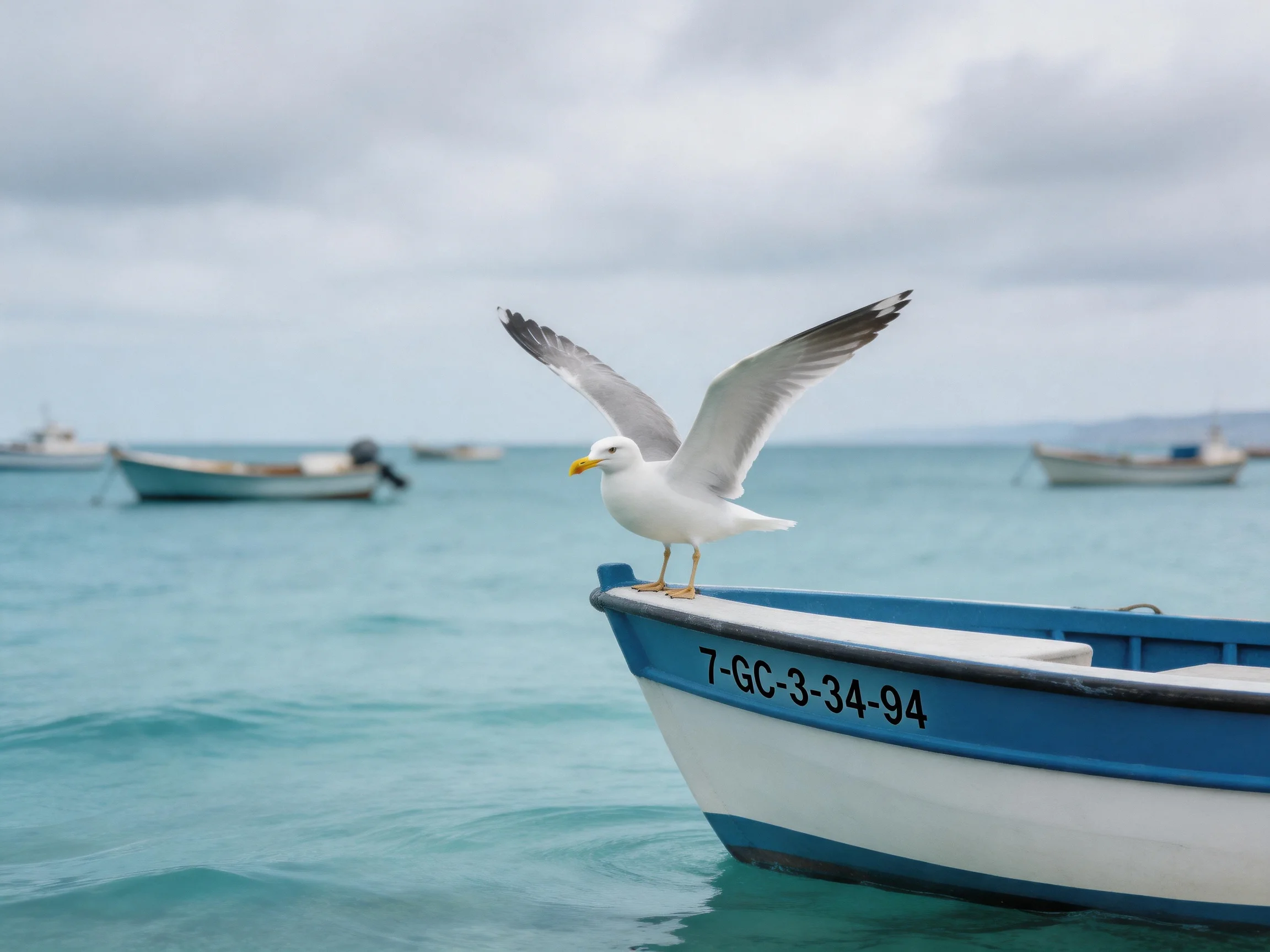 A seagull spreads wings atop a blue boat near turquoise waters with distant vessels