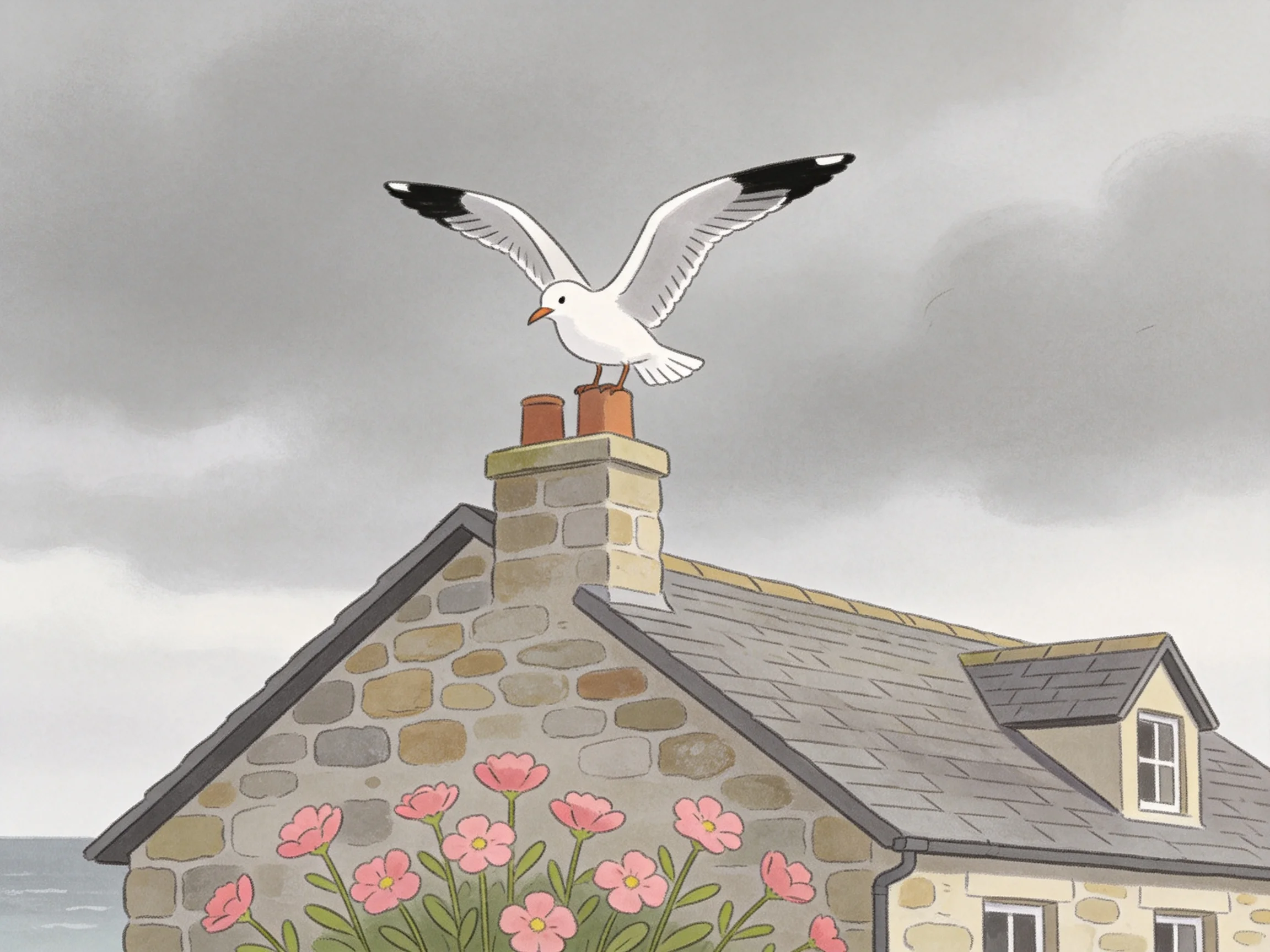 A seagull spreads wings atop a stone house’s chimney with pink flowers nearby