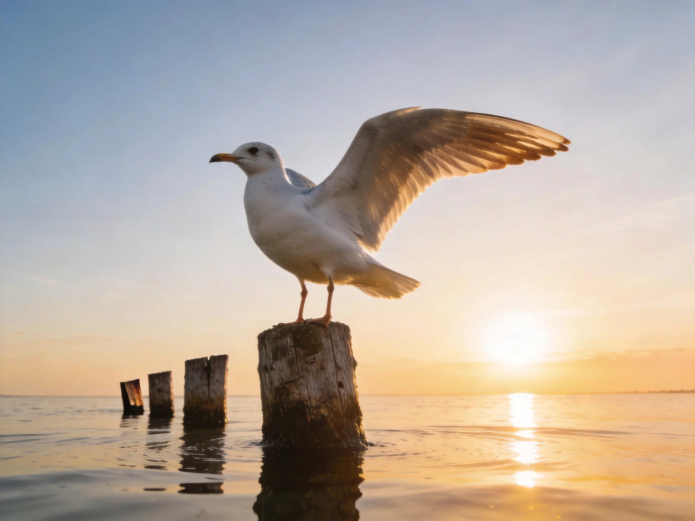 A seagull spreads wings atop a weathered post by calm waters at sunset