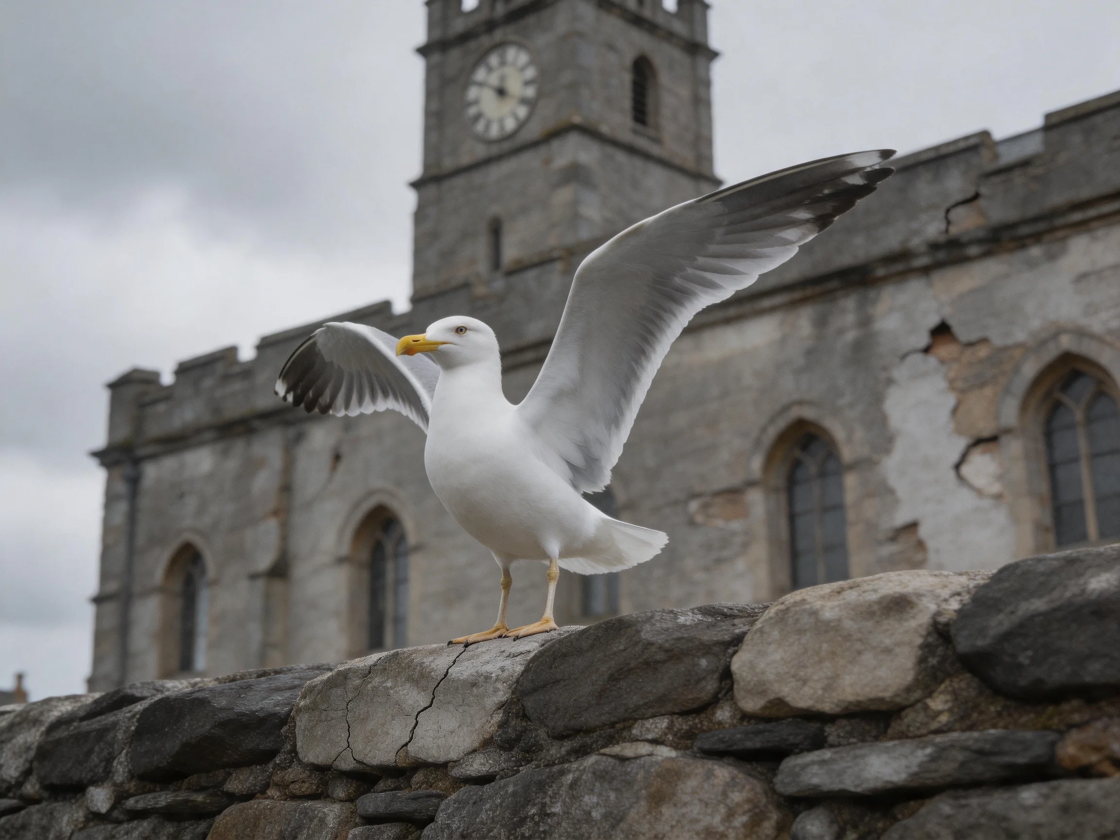 A seagull spreads wings on a stone wall near an ancient clock tower