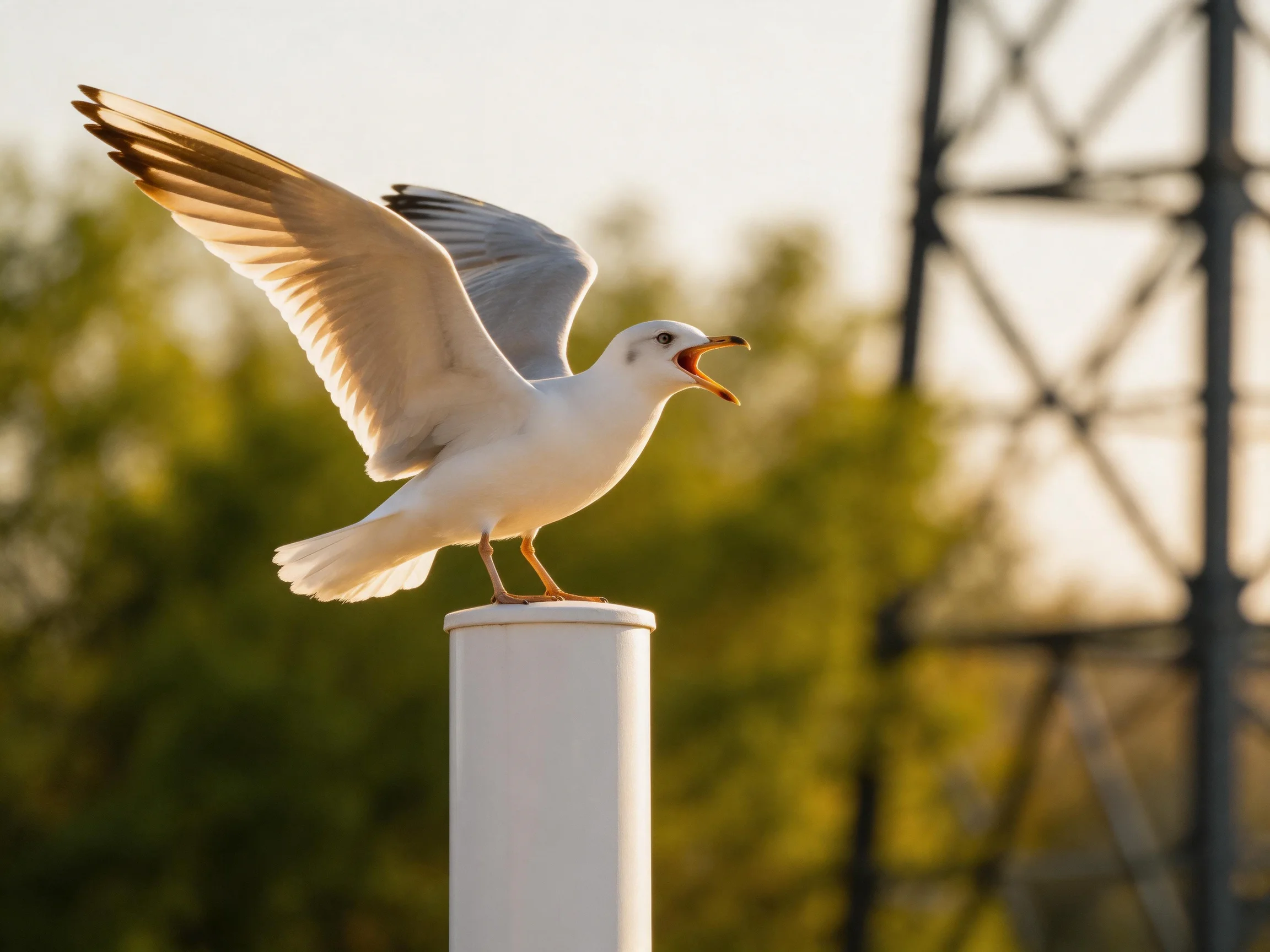 A seagull spreads wings on a white post amid greenery