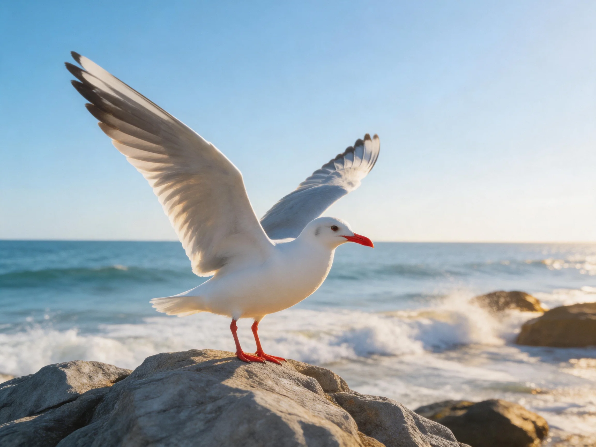 A seagull spreads wings on rocky shore by turquoise sea