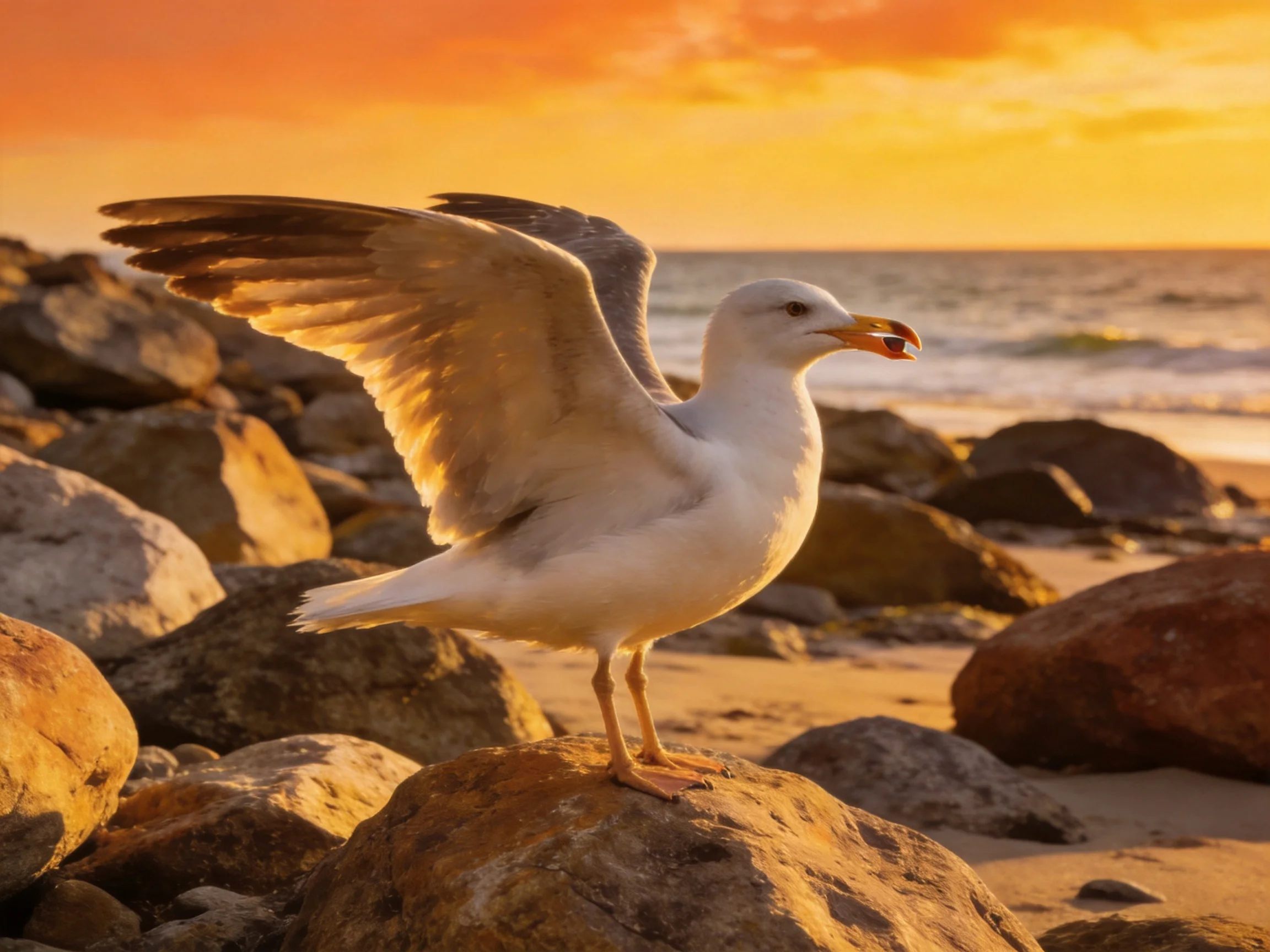 A seagull spreads wings on rocky shoreline at golden sunset