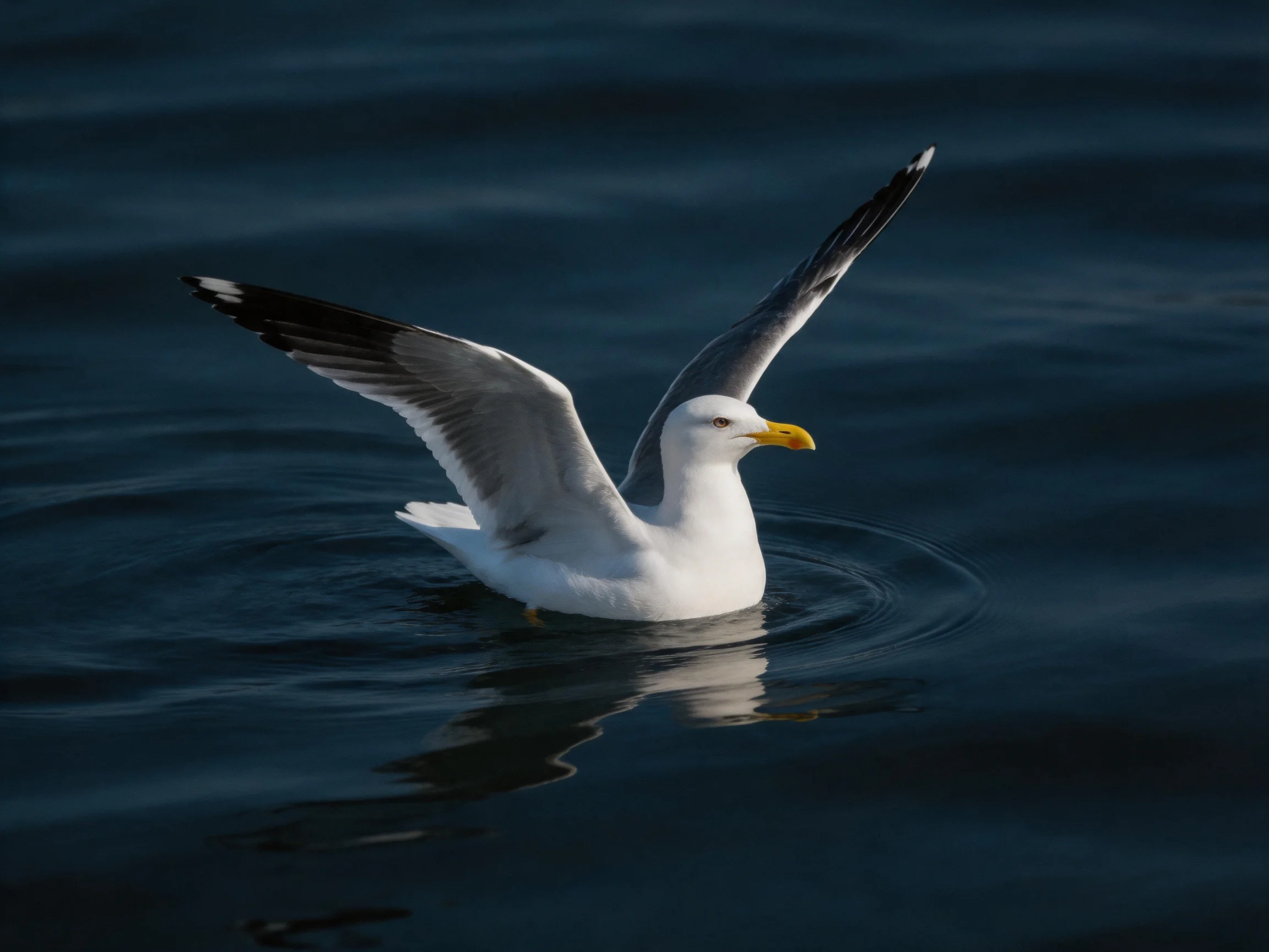 A seagull spreads wings over calm blue water