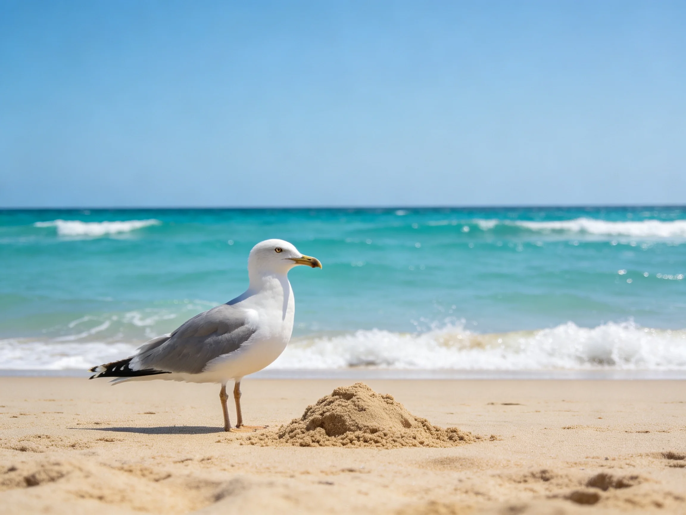 A seagull stands beside a sand mound on a sunny beach with turquoise waves