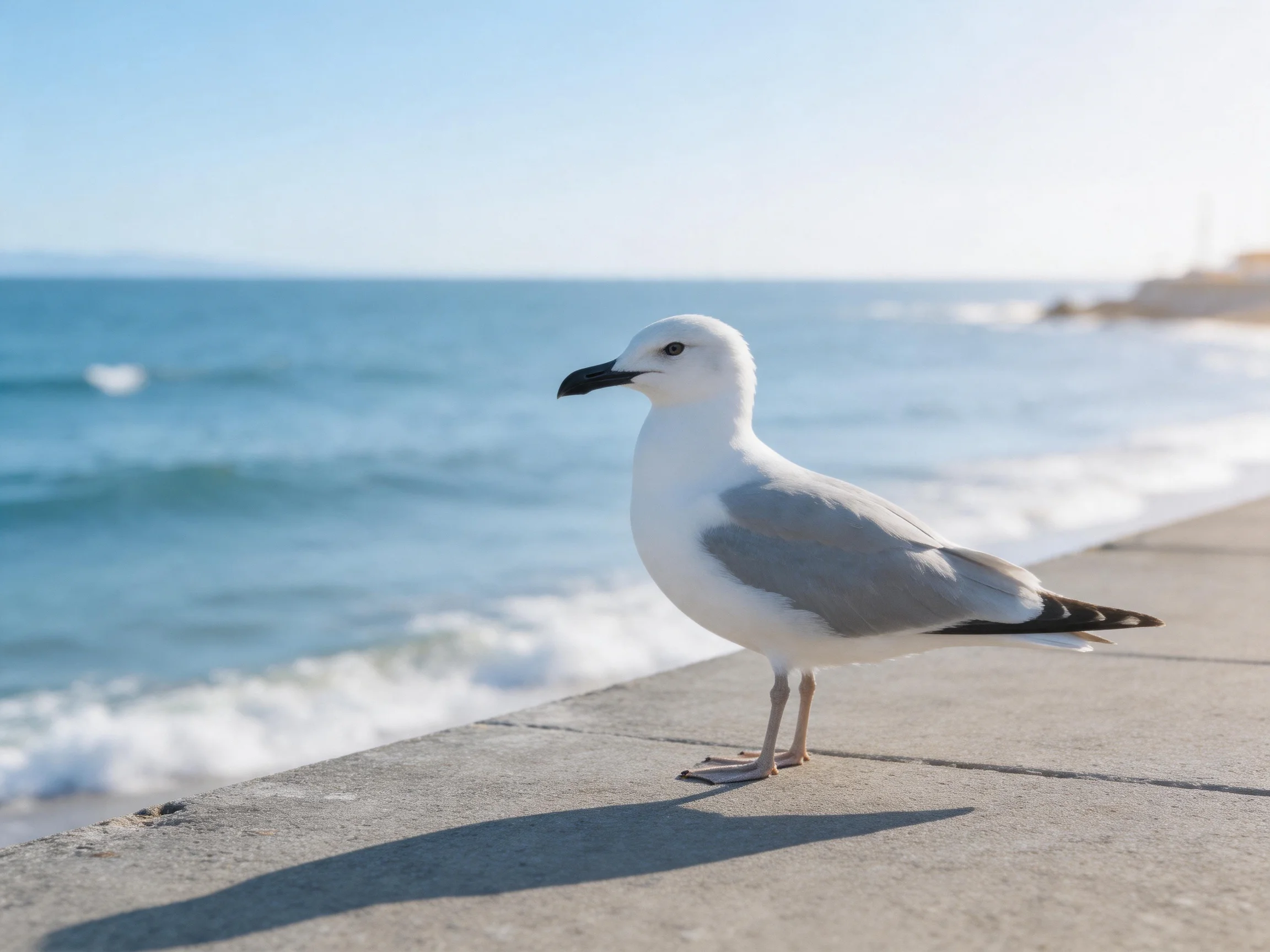 A seagull stands on a concrete ledge by the ocean