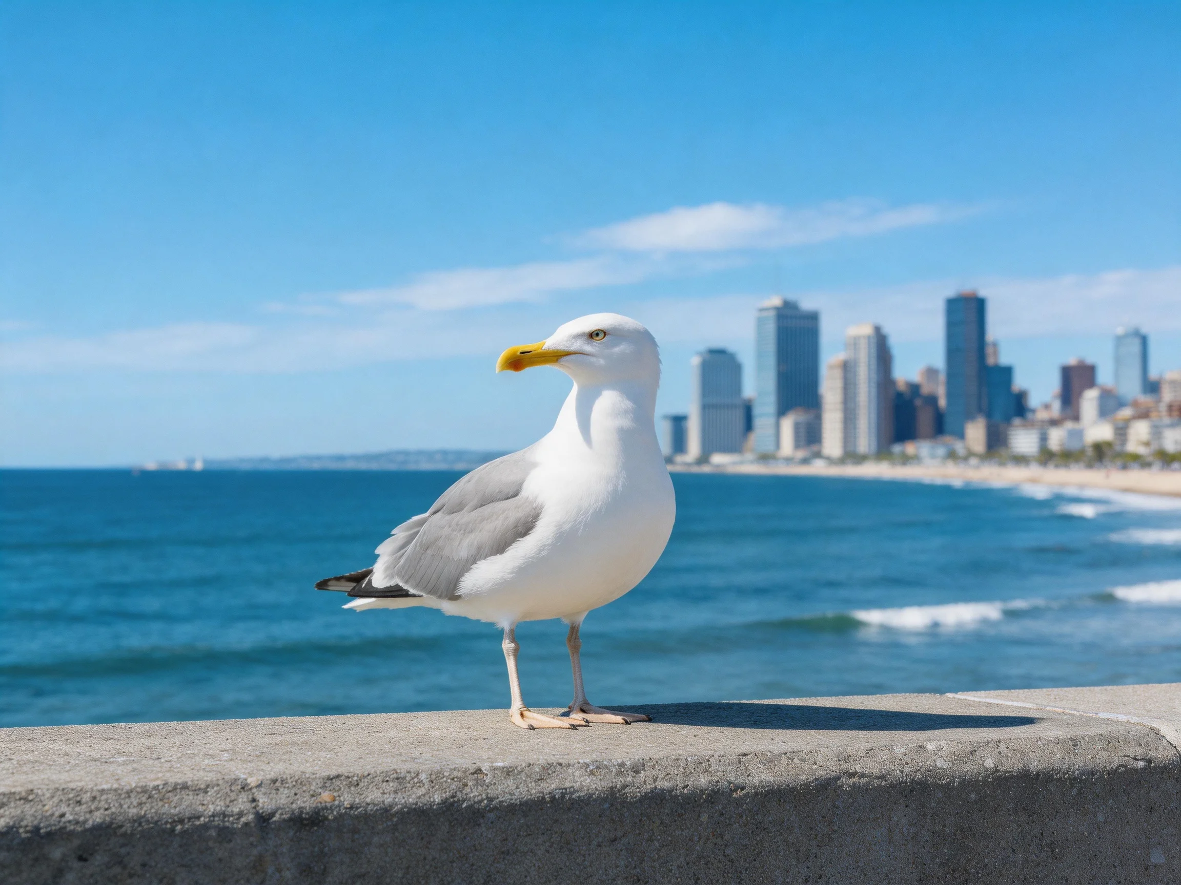 A seagull stands on a concrete ledge by the ocean with a city skyline