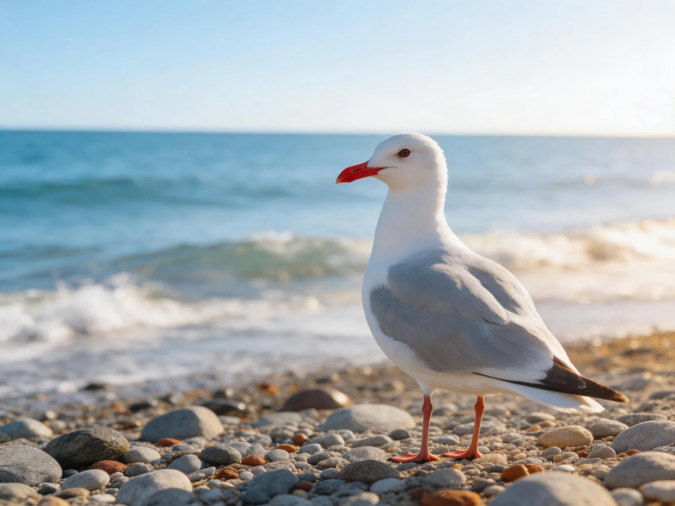 A seagull stands on a rocky pebble shore by the blue sea