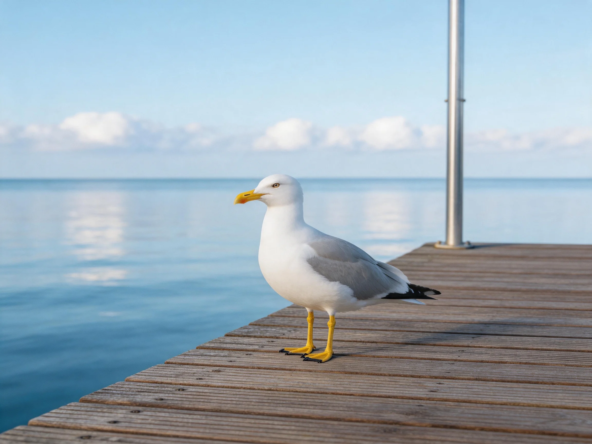 A seagull stands on a wooden dock by calm water