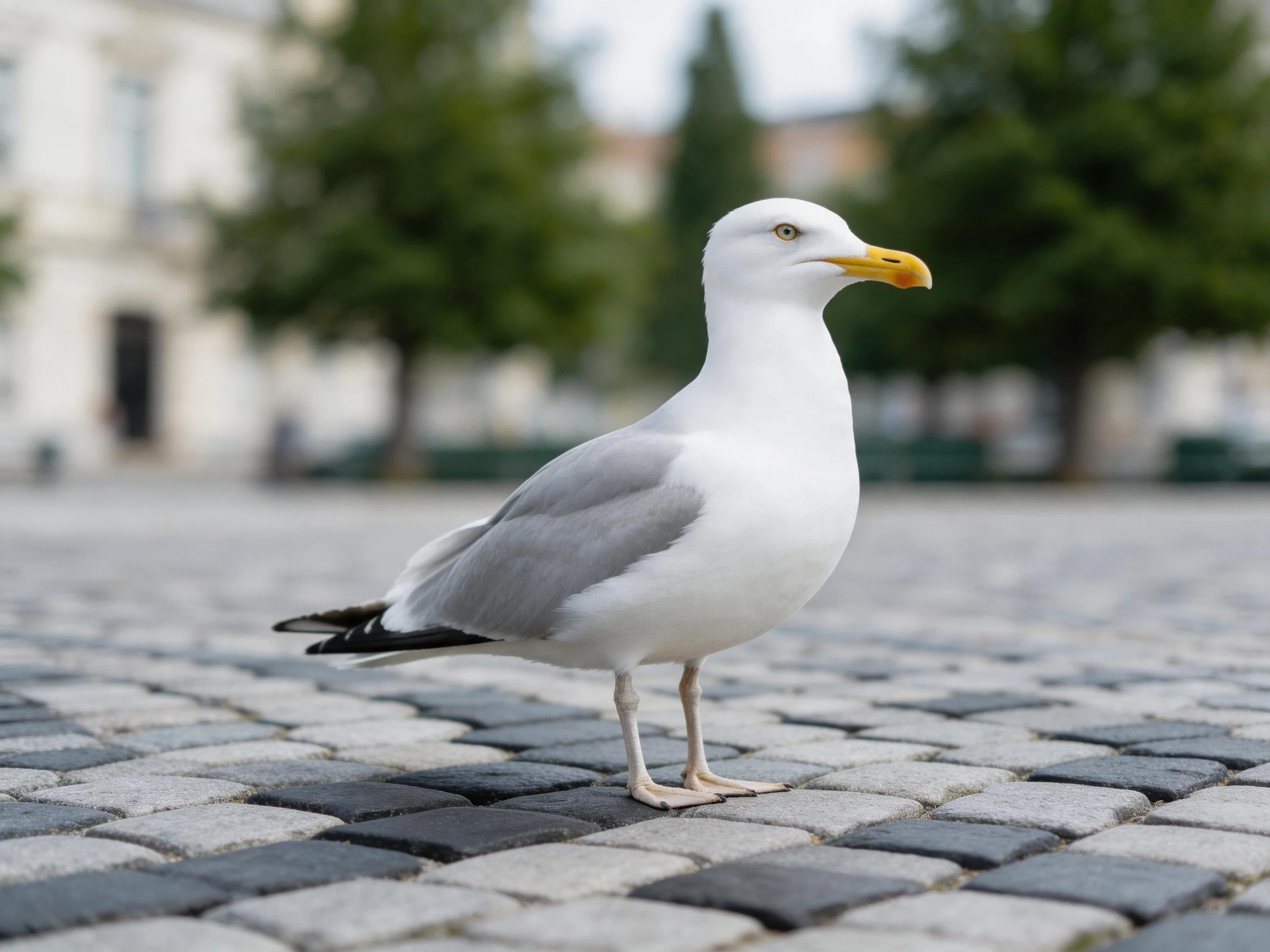 A seagull stands on cobblestones near blurred greenery and buildings.