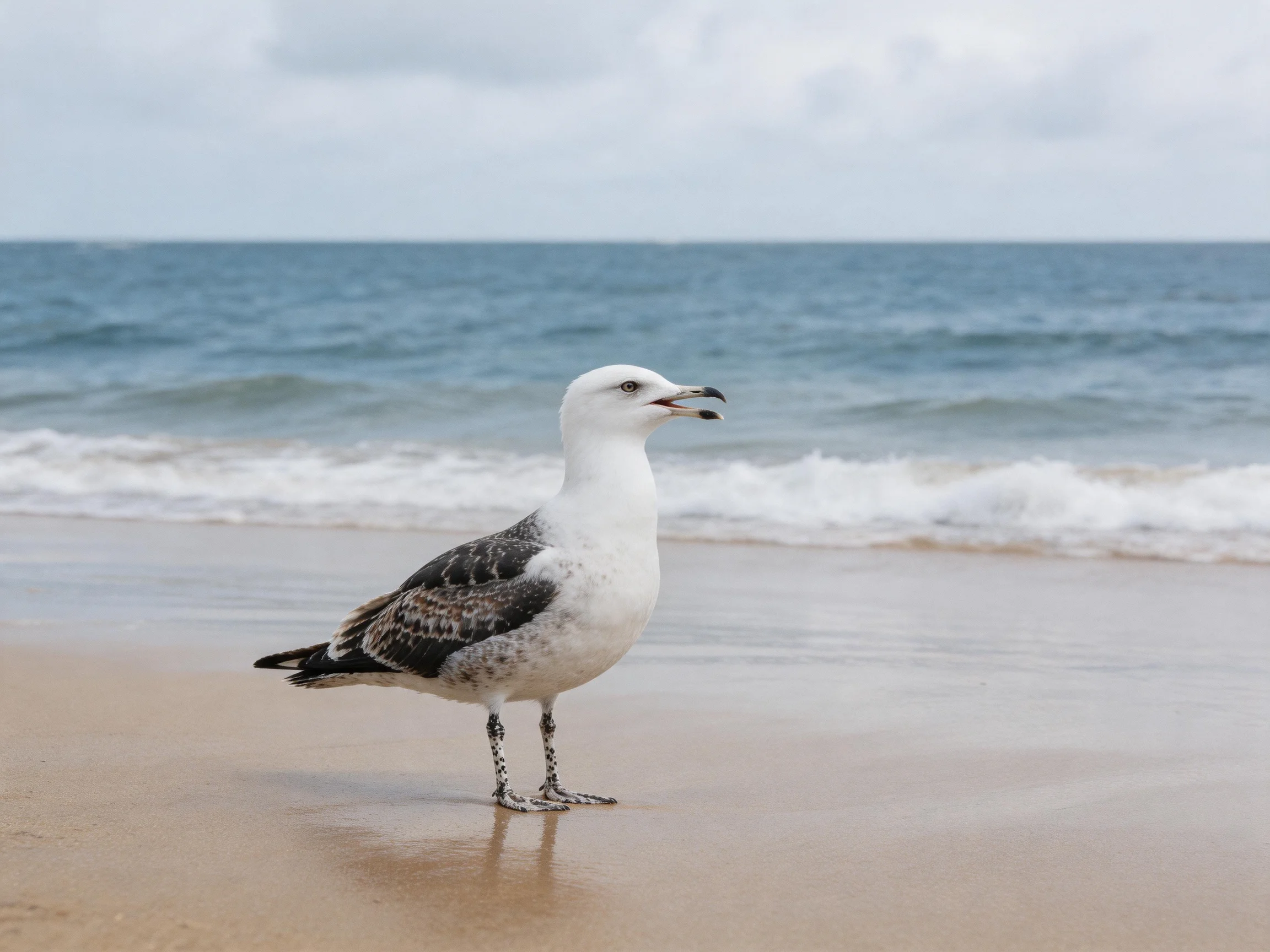 A seagull stands on wet sand by crashing ocean waves