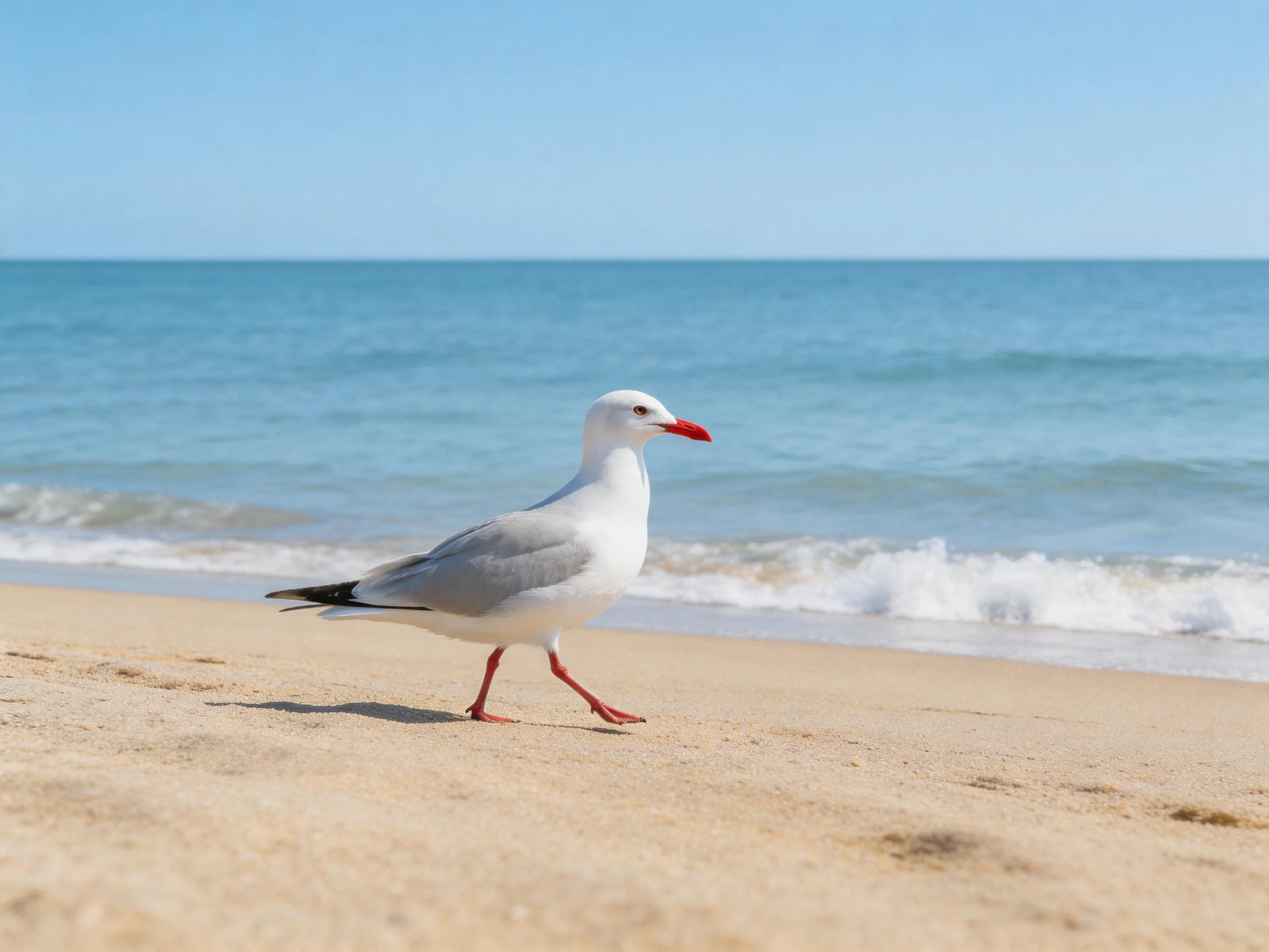 A seagull walks along a sandy beach by calm blue waters