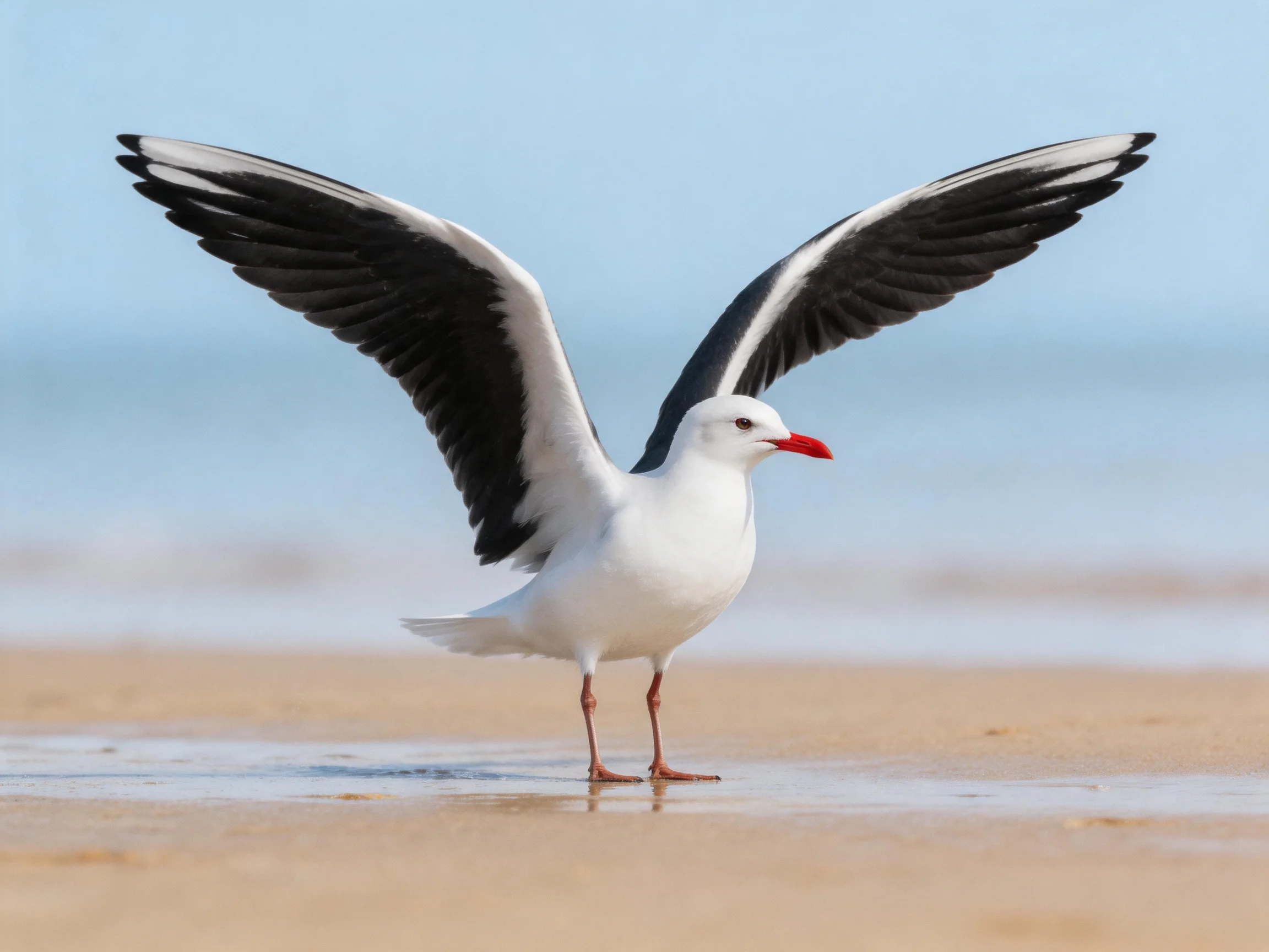 A seagull with black and white wings stands on wet sand near the sea.