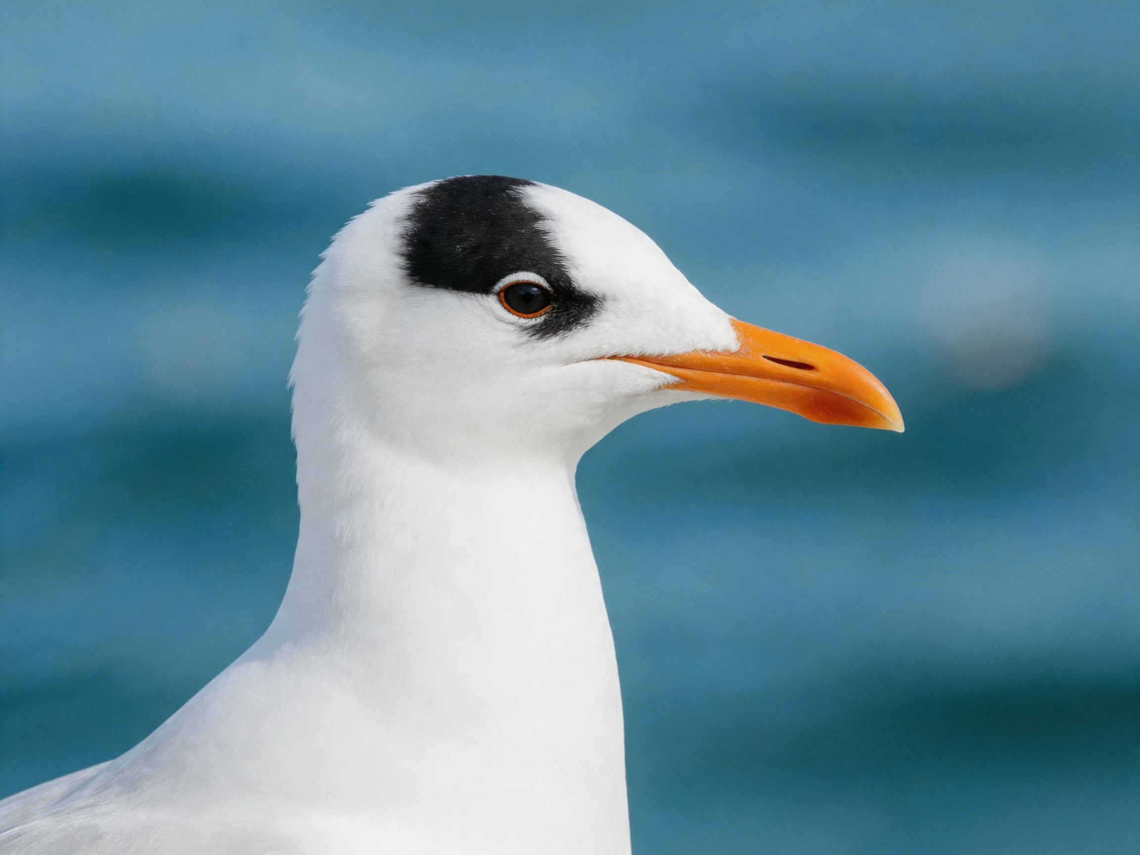 A seagull with black facial marking, bright orange beak, white plumage