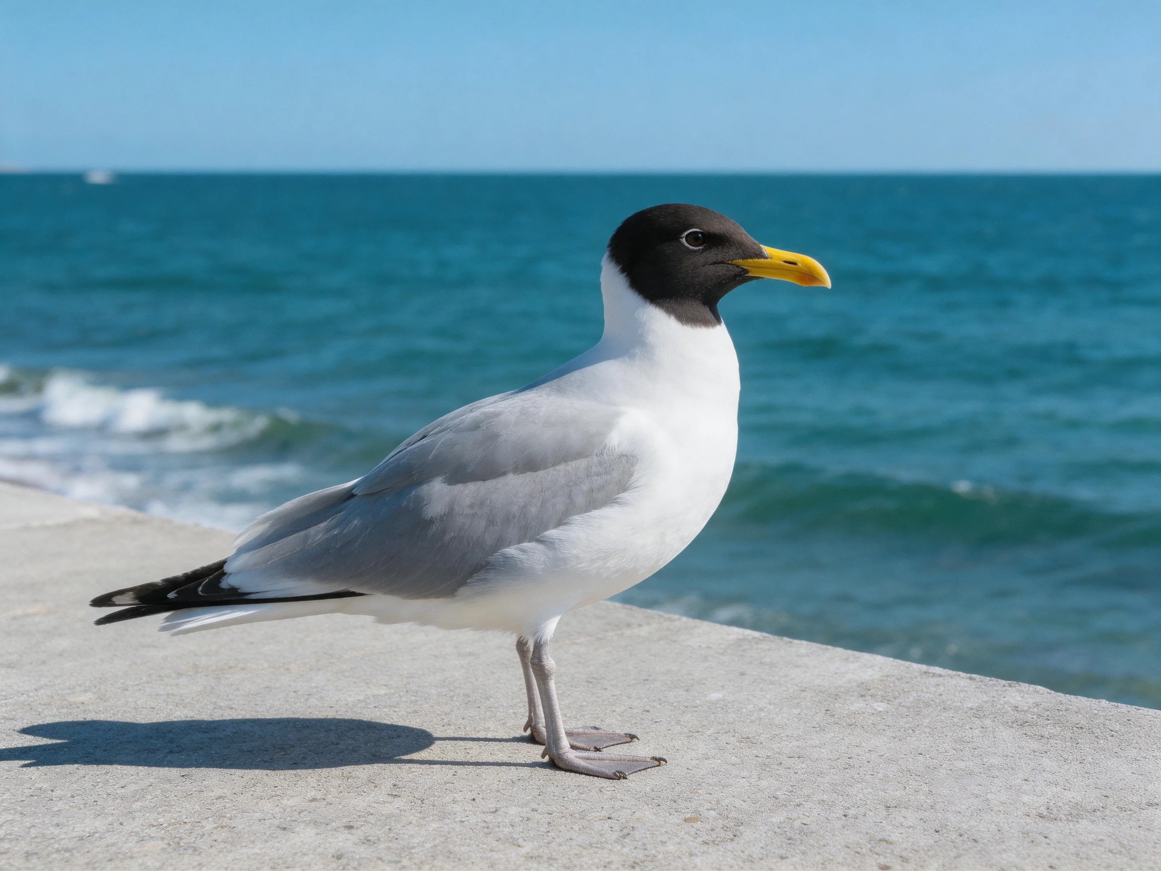 A seagull stands on a concrete ledge near the turquoise ocean.