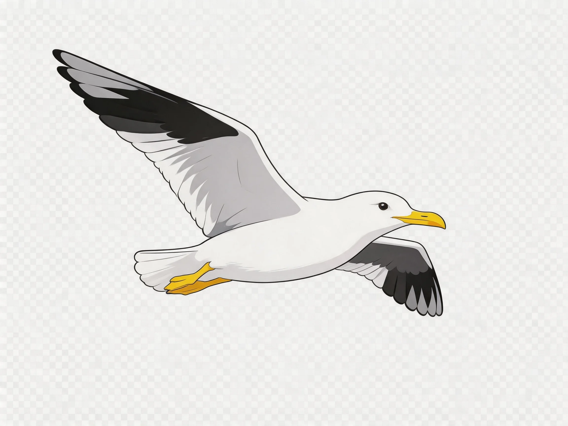 A seagull with black-tipped wings flies against a plain backdrop