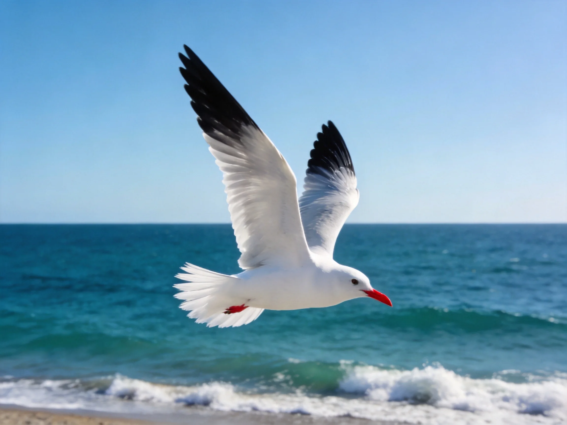 A seagull with black-tipped wings flies over turquoise ocean waves
