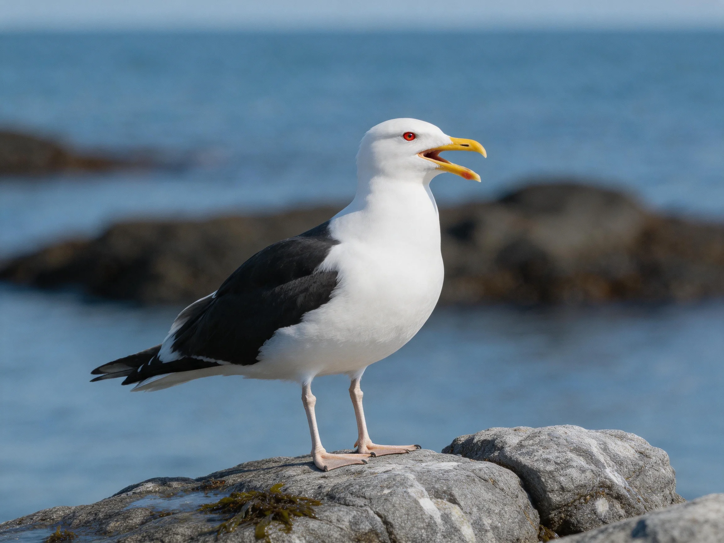 A seagull with black wings perched on coastal rocks by calm blue waters