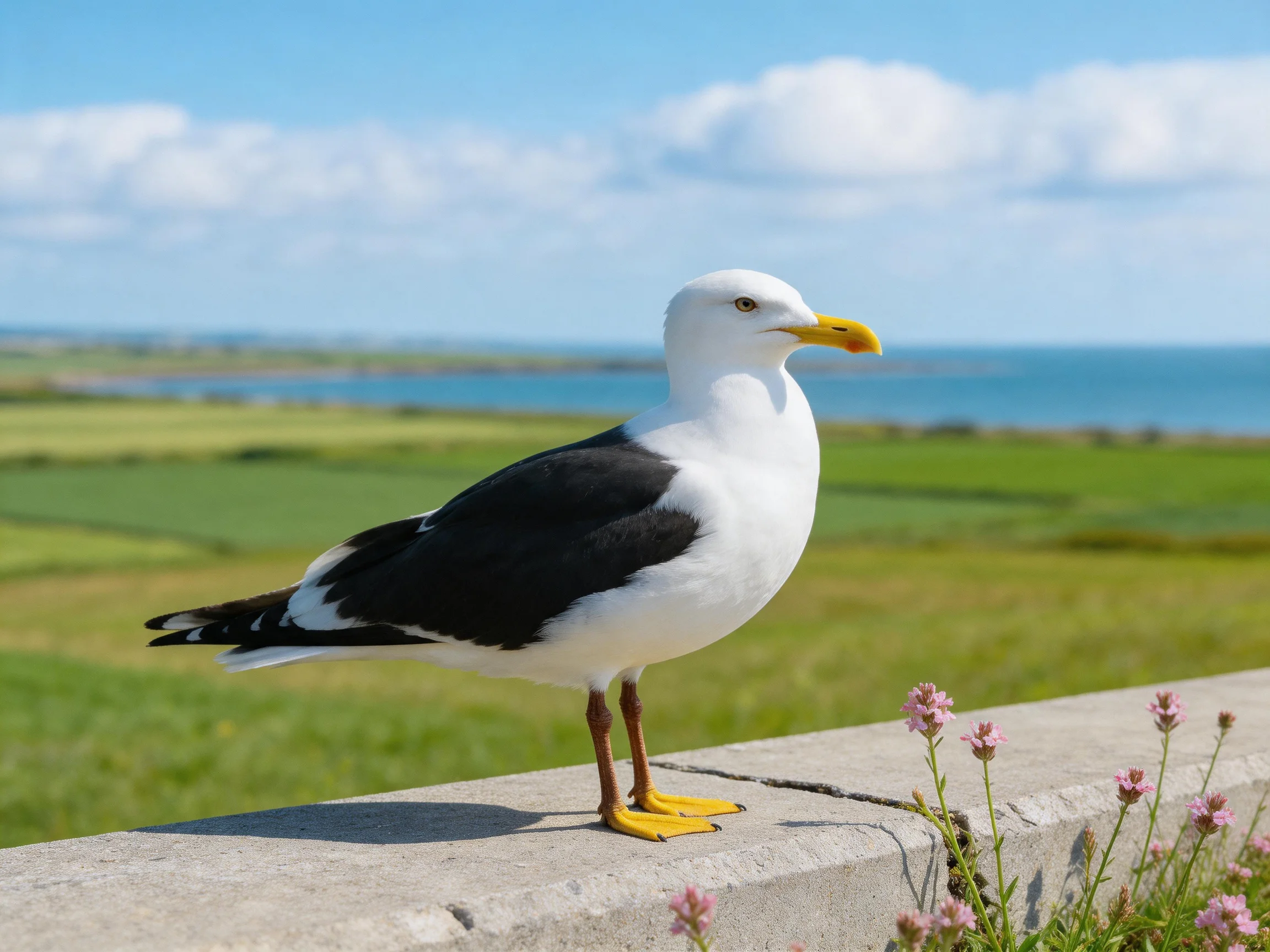 A seagull with black wings perches on a concrete ledge near green fields