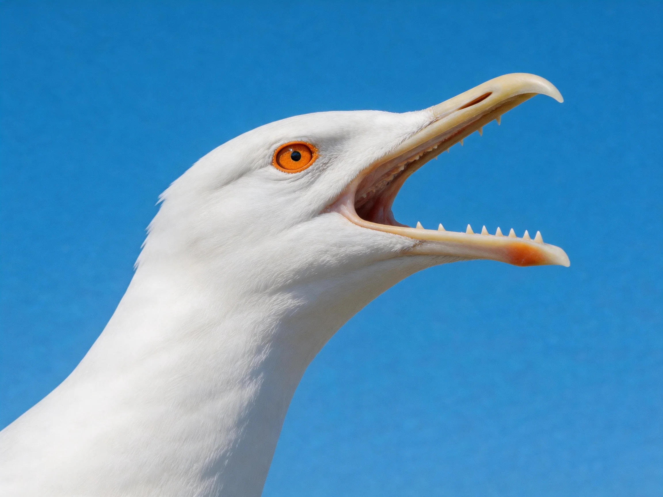 A seagull with bright orange eye and open beak against clear blue sky