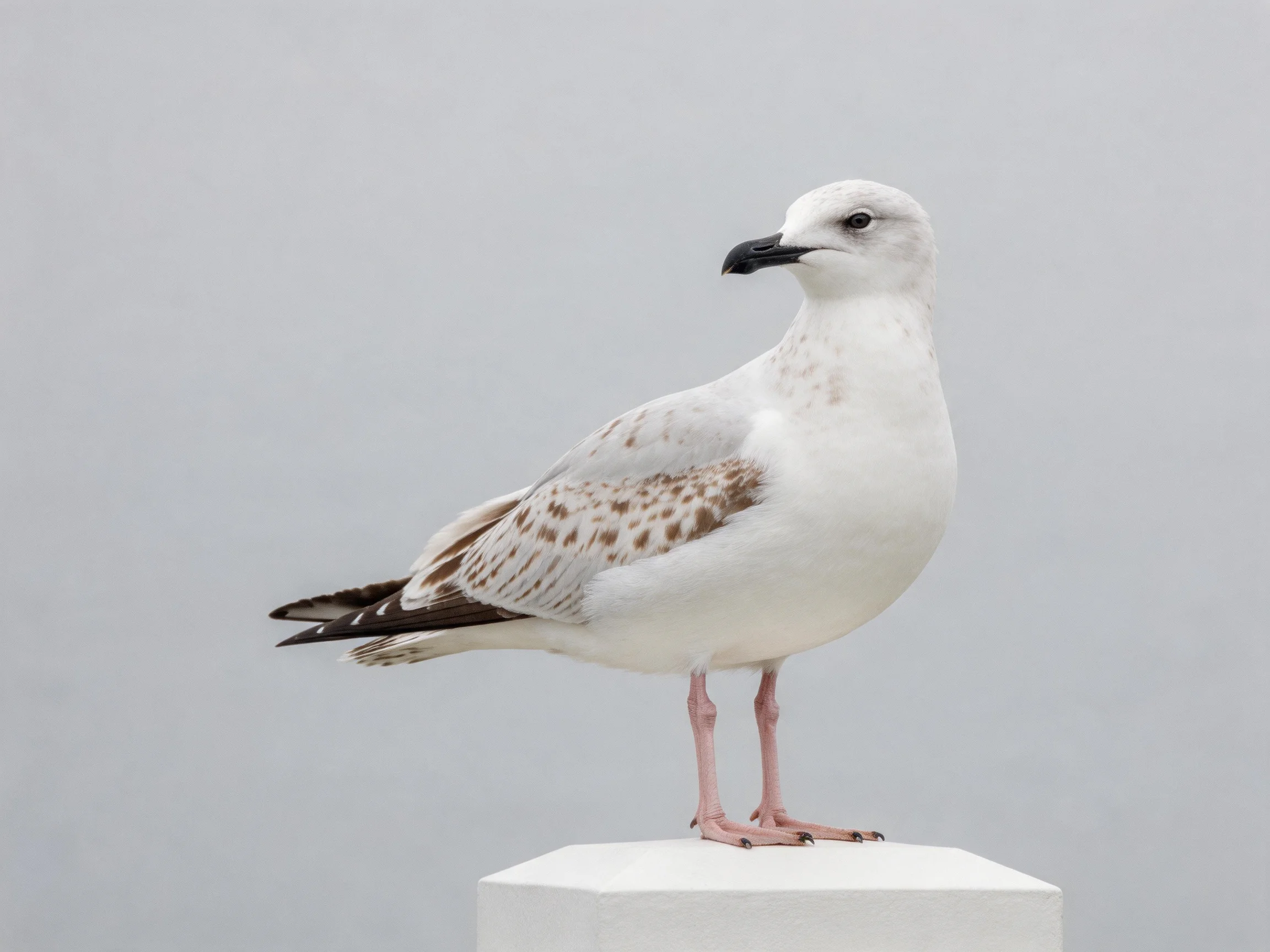 A seagull with brown markings rests on a white structure.