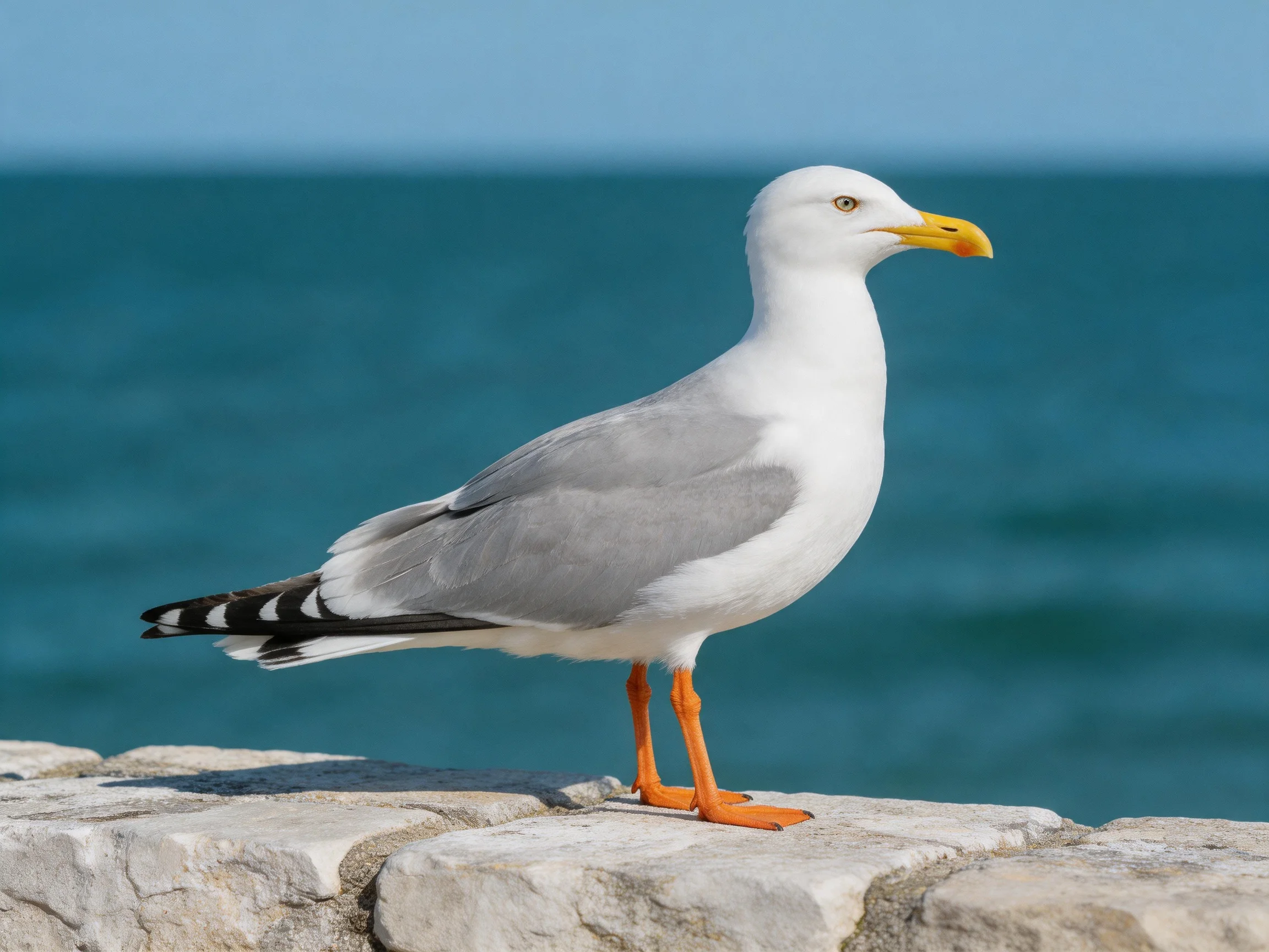 A seagull with gray wings perches on a stone ledge by blue-green water