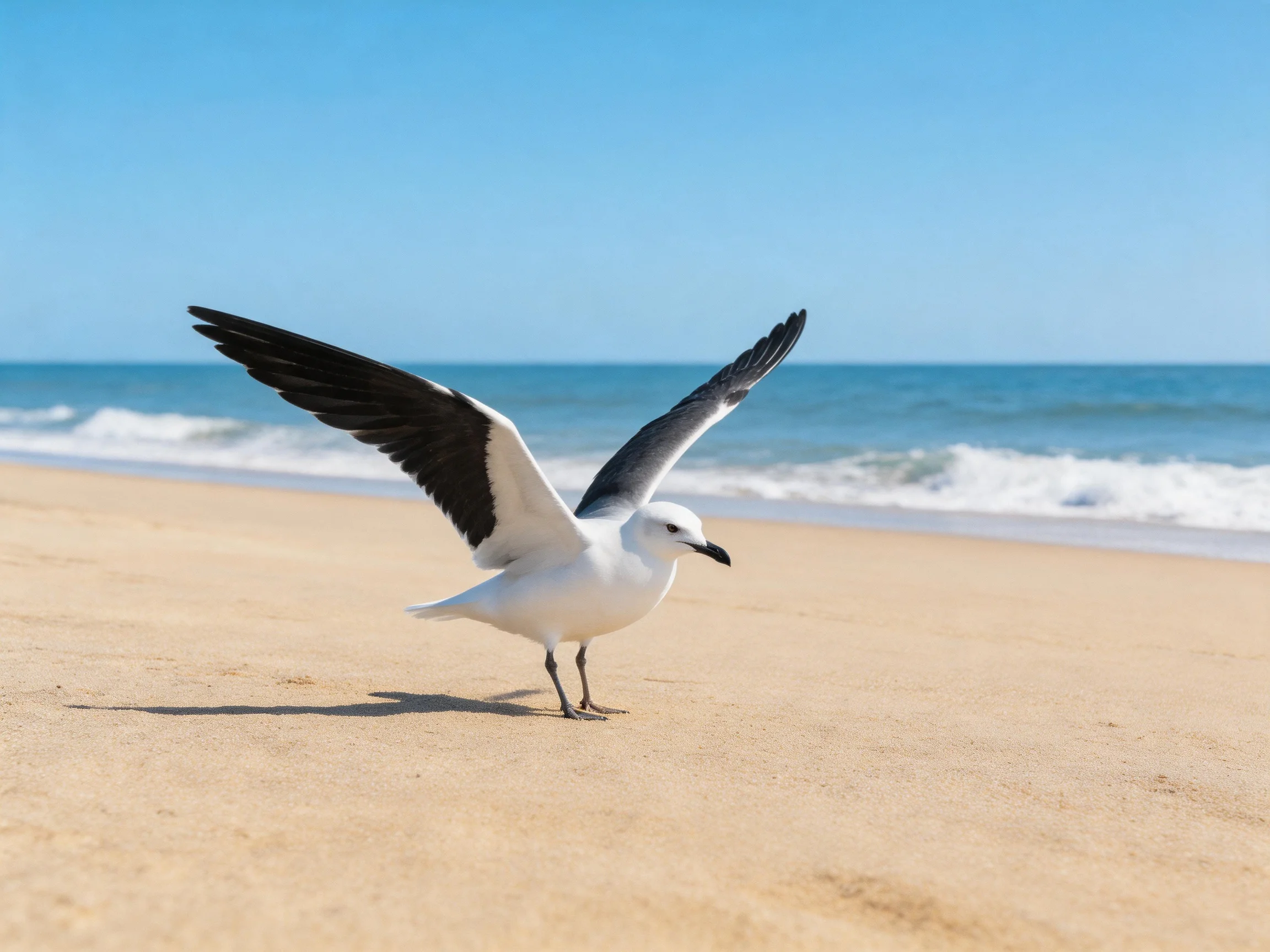 A seagull with outstretched wings on a sandy beach beside the sea